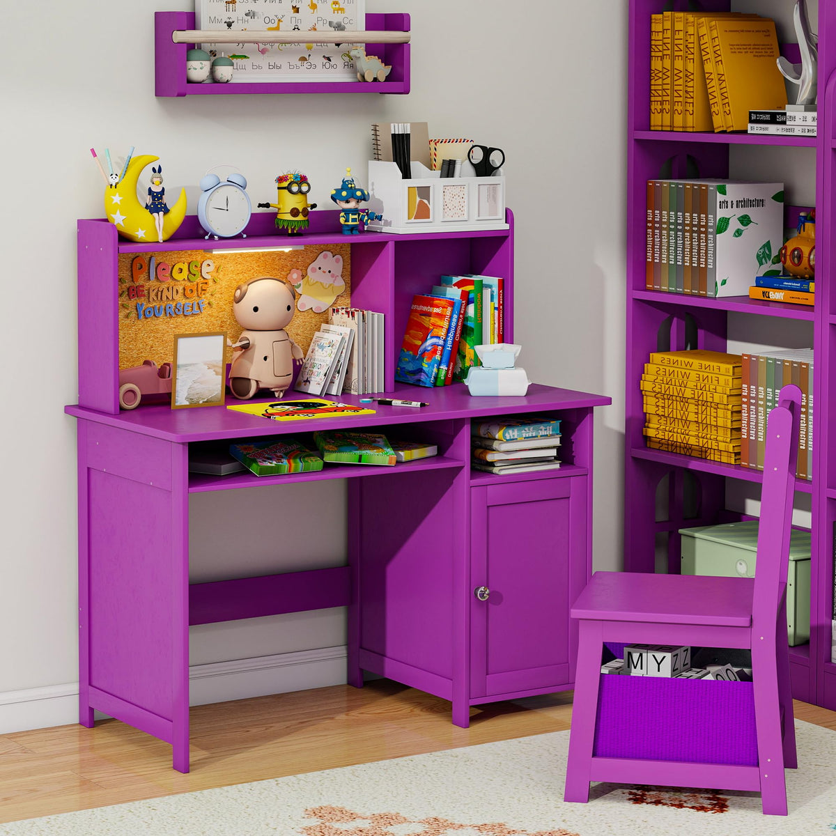 Kids Desk and Chair Set with Cork Board & Removable LED Light, White