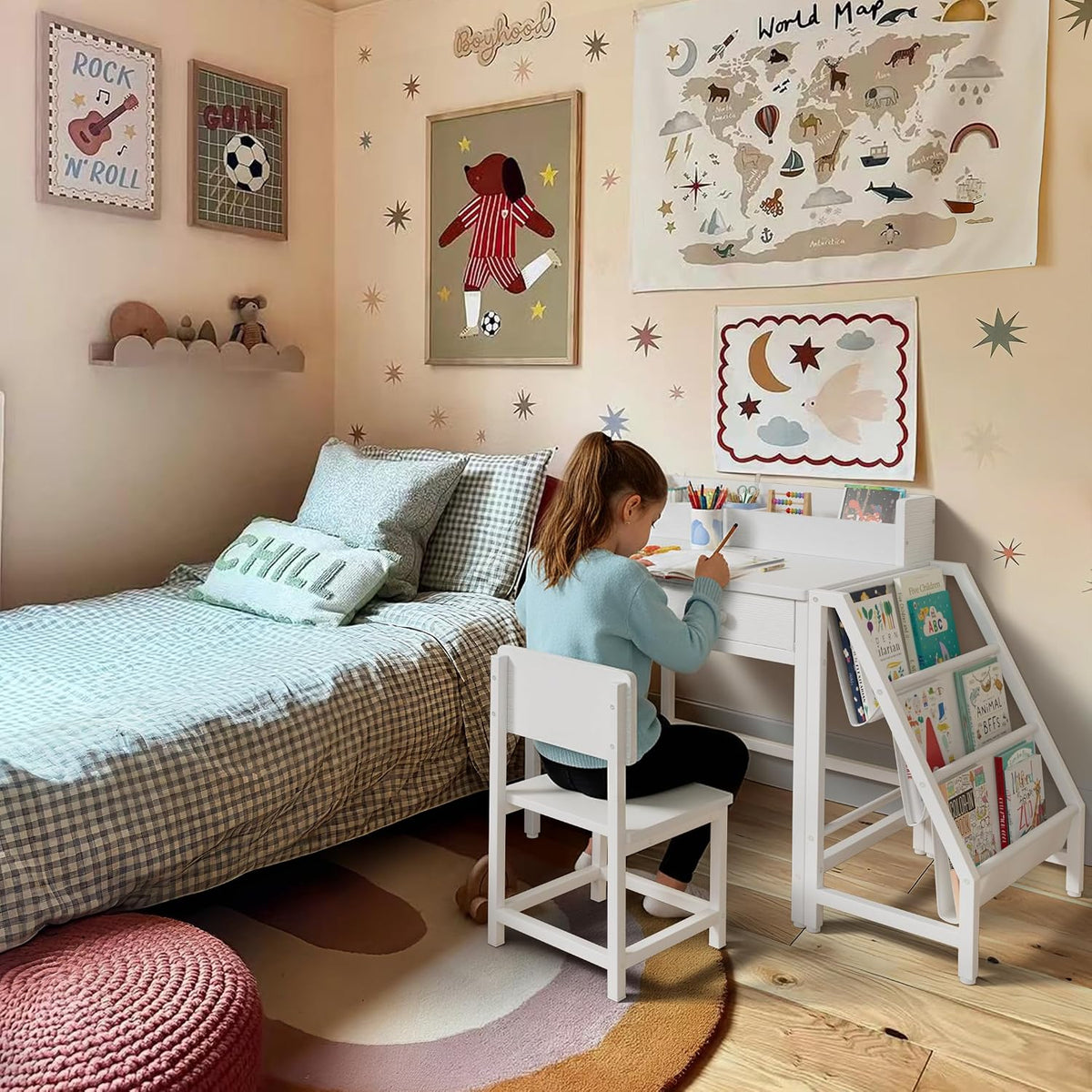 White Kids Desk and Chair Set for 5-8 Year Old Girls Boys, Small Child Desk with Bookshelf, Children Study Table with Fabric Drawer and Storage
