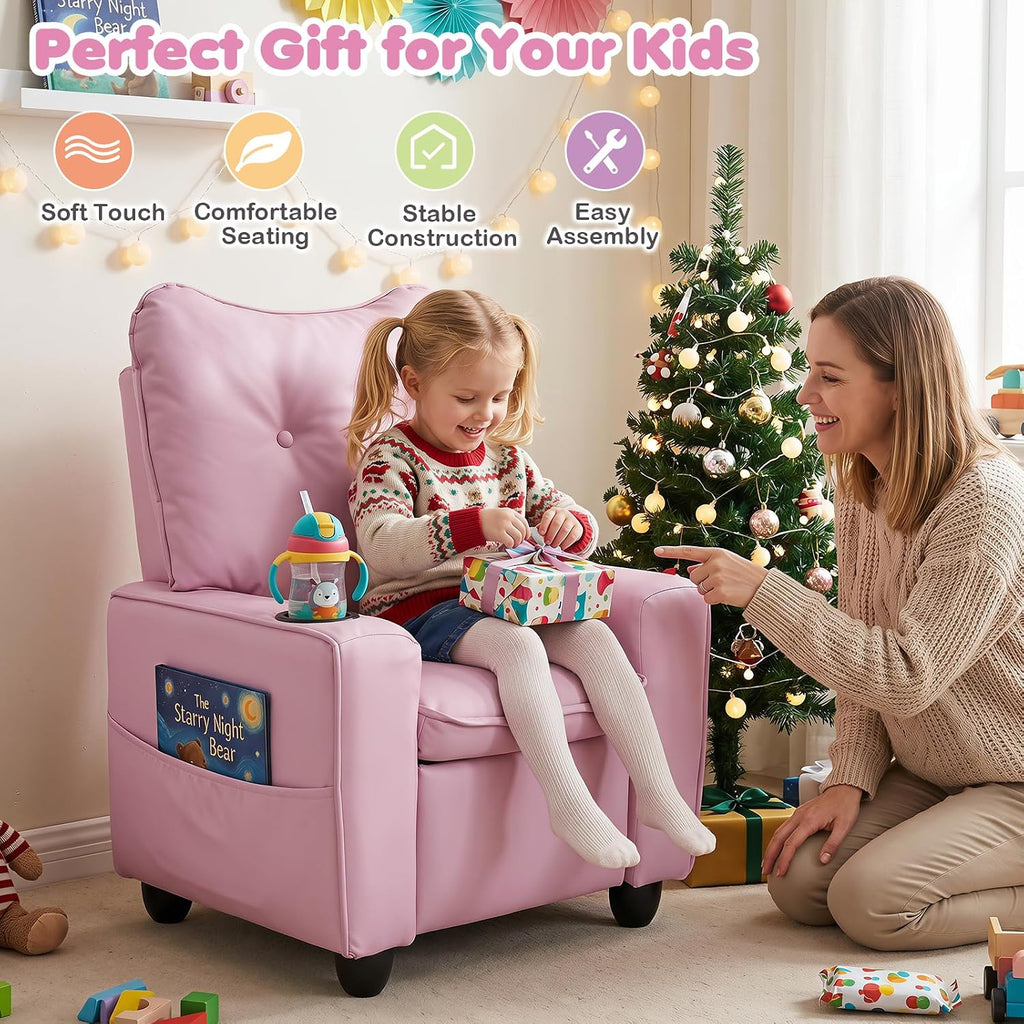 HONEY JOY Kids Recliner, PU Leather Toddler Sofa for Ages 3+ (Pink)