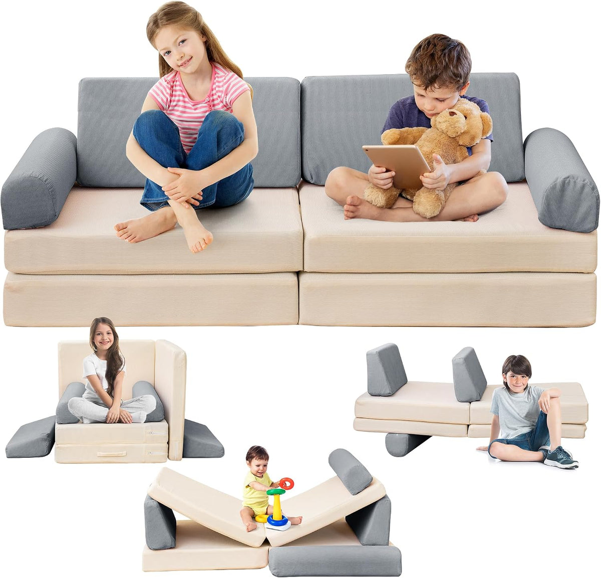 Modular Kids Play Couch, 5 Second Quick Bounce High Density Foam, Corduroy Fabric, Kids Sofa that Inspires Toddler Creativity for Playroom Bedroom Living Rooms Toddler Sofa -Grey and Beige