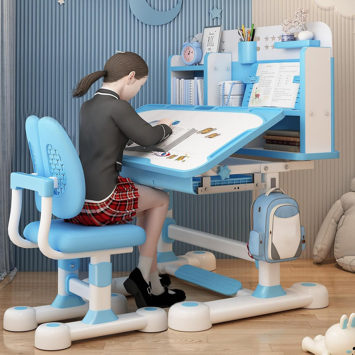 Honrane 2Pcs/Set Study Desk and Chair Set, Height Adjustable Kids School Desk with Sitting Corrector, Cartoon Learning Desks, Kids Desk, Children Study Table with Storage, Bookshelf,Foot Pedal Blue