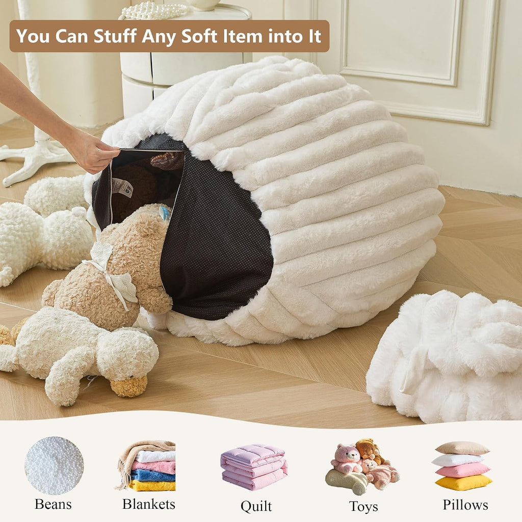 MEGO Kids Fluffy Faux Rabbit Fur Bean Bag Chair Cover, No Filler, Beige