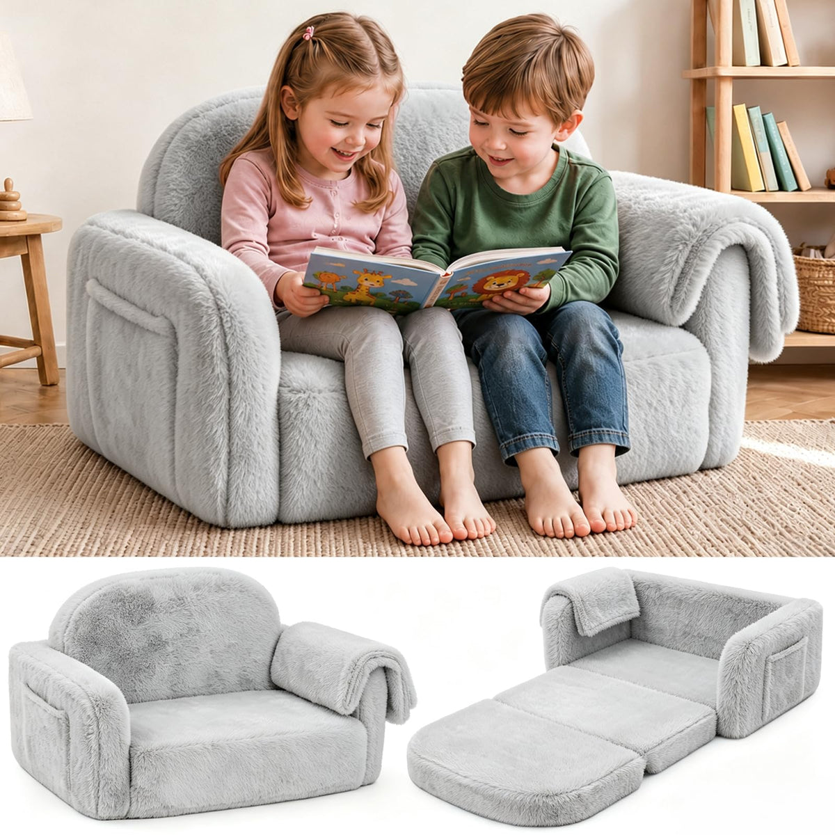 Foryoomi 2-in-1 Kids Plush Kids Couch, Extra Wide Toddler Couch with Bonus Blanket – Ultra-Thick Faux Fur Convertible Sofa Chair, Fold-Out Play Mat, Side Pocket & Carry Handle, Beige