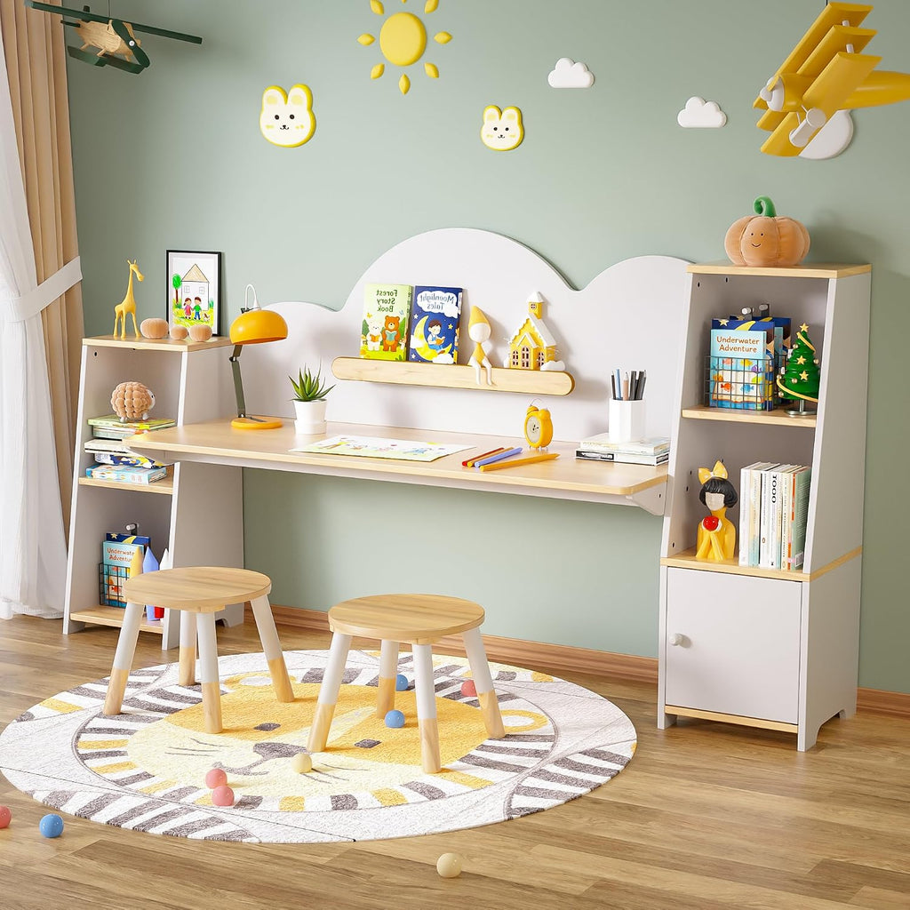 Wooden Kids Study Desk with Storage and 2 Stools, Kids Study Desk and Chair Set, Children Study Table with Bookshelves, Boys & Girls Study Desk for Ages 3-8, Bedroom, Toddler