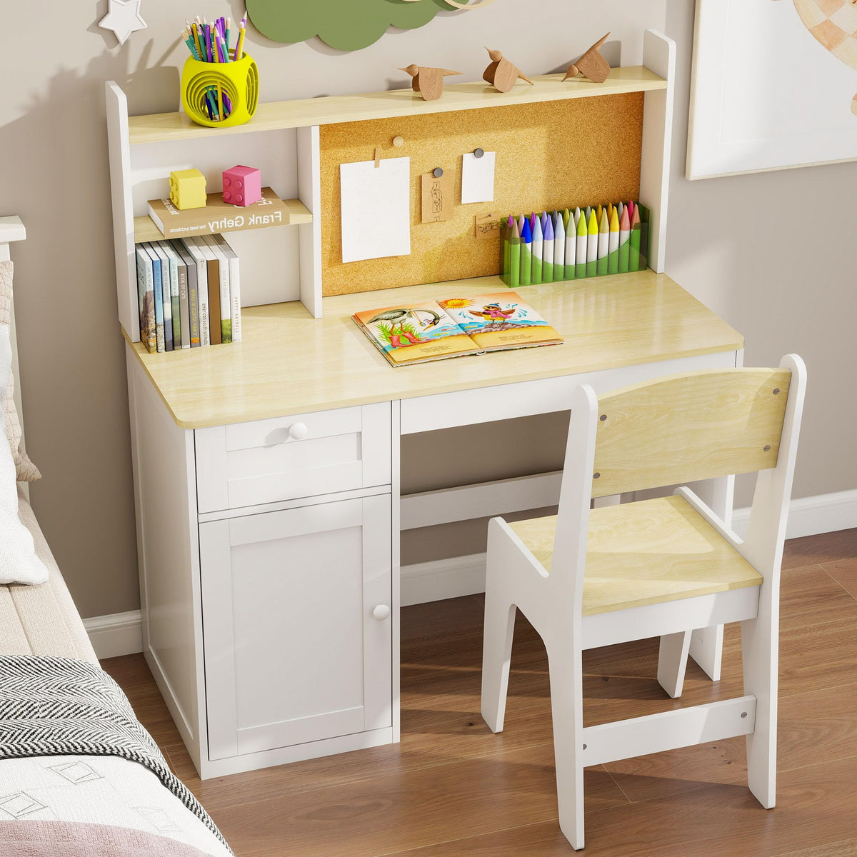 Kids Desk and Chair Set with 0-105° Tiltable Desktop for Ages 5-12, White