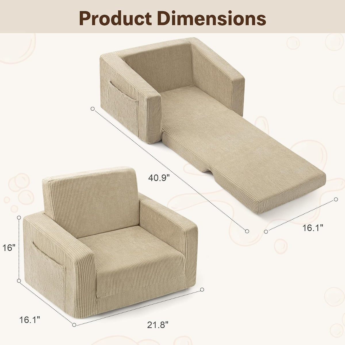 Bubble Ball Comfy Kids Couch, 2-in-1 Foldable Kids Sofa Chair, Beige