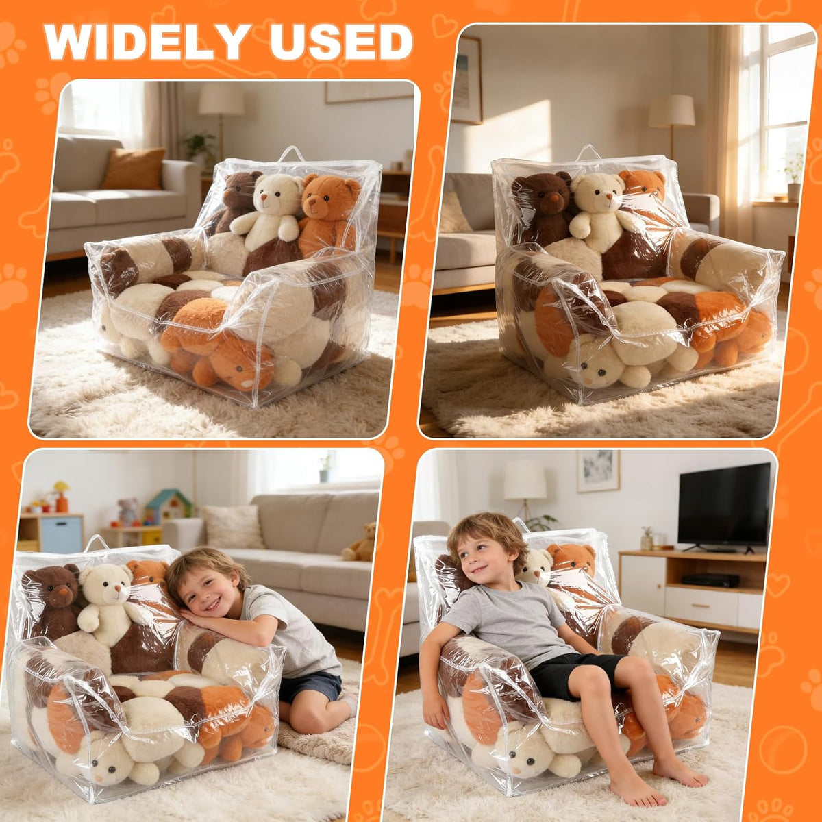 Clear Stuffed Animal Storage Bean Bag Chair Cover for Kids, 100L Waterproof & Easy-Clean TransparentPlush Storage Chair with Zipper and Handle Creative PVC Plush Toys Storage Cover 24.8*24.8*24.8''