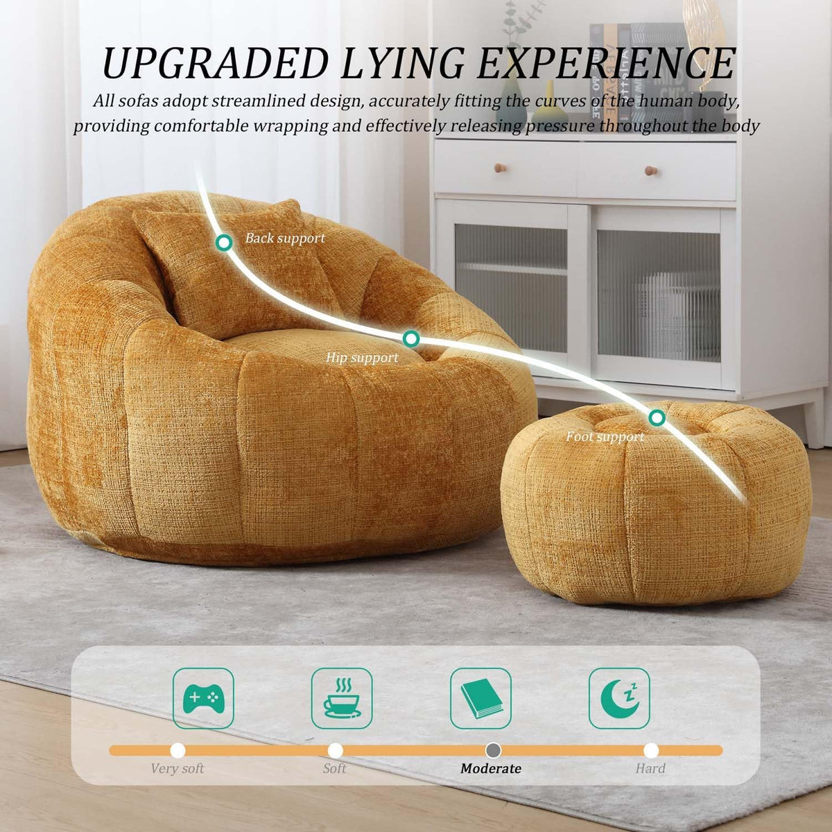 Bean Bag Chairs, Leisure Floor Single Sofas with Ottoman, Comfy Round Lazy Cloud Bean Bag Chair, Chenille for Living Room, Bedroom, Apartment (Yellow)