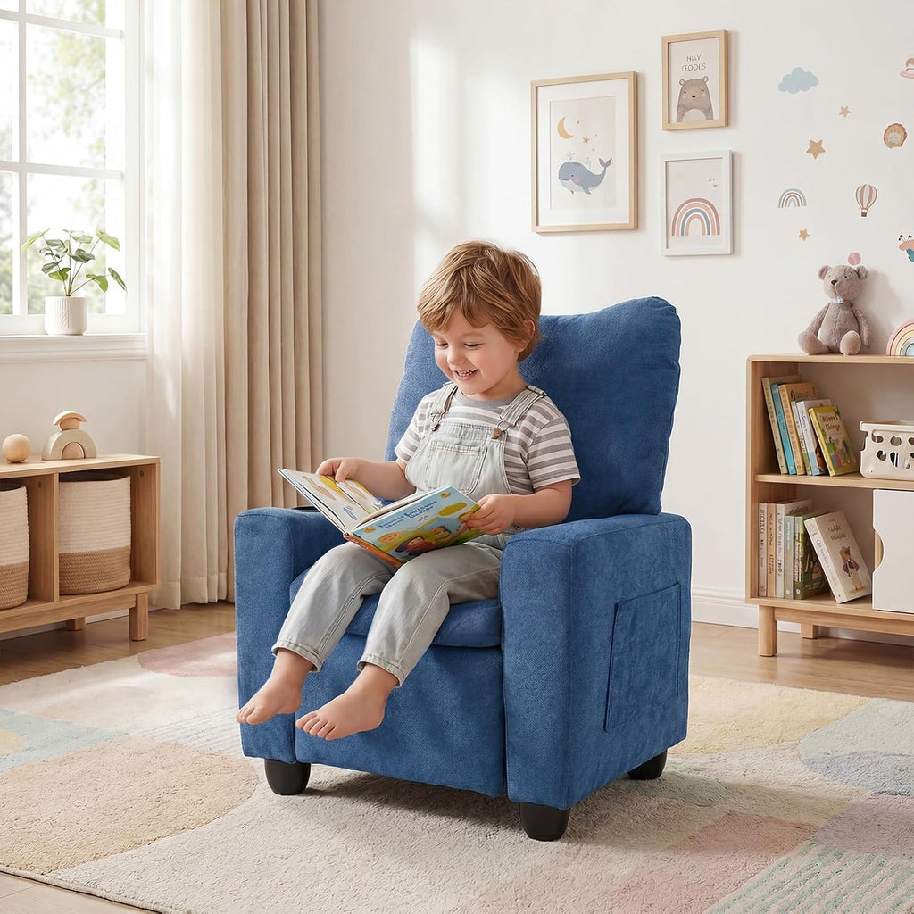 HONEY JOY Kids Recliner with Cup Holder, Chenille Fabric Upholstered Push Back Toddler Sofa w/Storage Pockets, Adjustable Backrest & Footrest, Child Reclining Chair for Ages 3+, Navy