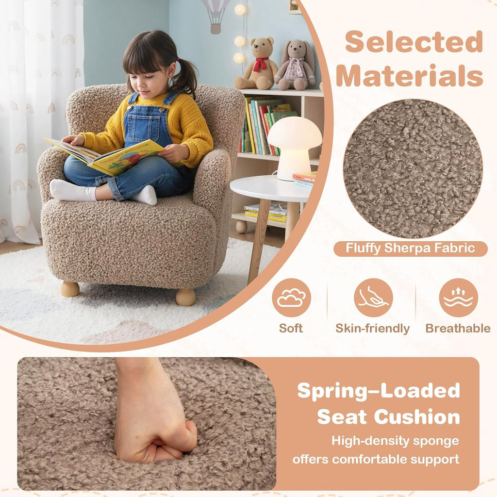Costzon Kids Sofa, Comfy Toddler Armchair with Solid Rubber Wood Legs, Upholstered Children Reading Chair for Boys & Girls Aged 3+, Kids Furniture Mini Recliner Chair for Bedroom, Playroom (Coffee)