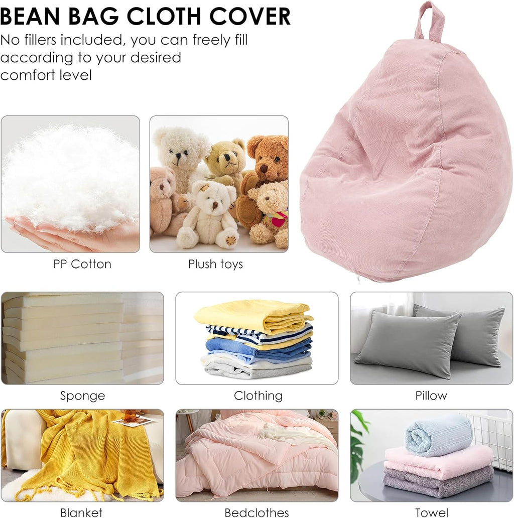 Bean Bag Chair Cover No Filler, Soft Corduroy Bean Bag Cover, Plush Toys Organizer Holder, Comfortable Beanbag Chairs Cover with Handle Stuffed Animal Bean Bag for Kids Adults Plush Toys (Pink)