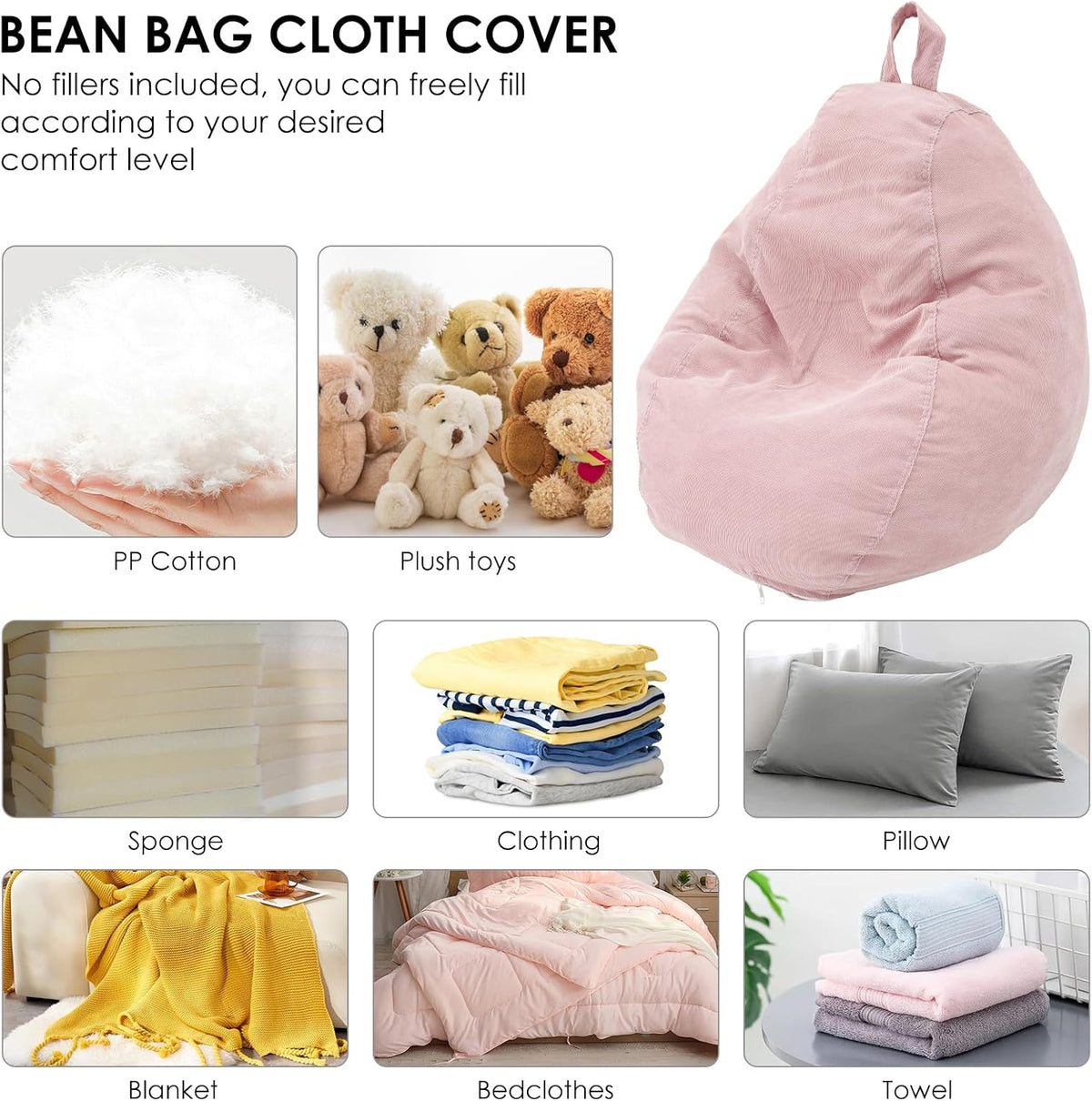 Bean Bag Chair Cover No Filler, Soft Corduroy Bean Bag Cover, Plush Toys Organizer Holder, Comfortable Beanbag Chairs Cover with Handle Stuffed Animal Bean Bag for Kids Adults Plush Toys (Pink)