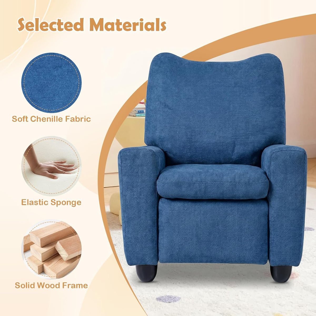 HONEY JOY Kids Recliner with Cup Holder, Chenille Fabric Upholstered Push Back Toddler Sofa w/Storage Pockets, Adjustable Backrest & Footrest, Child Reclining Chair for Ages 3+, Navy