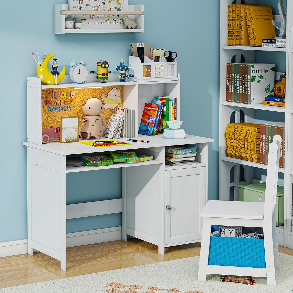 Kids Desk and Chair Set with Cork Board & Removable LED Light, White