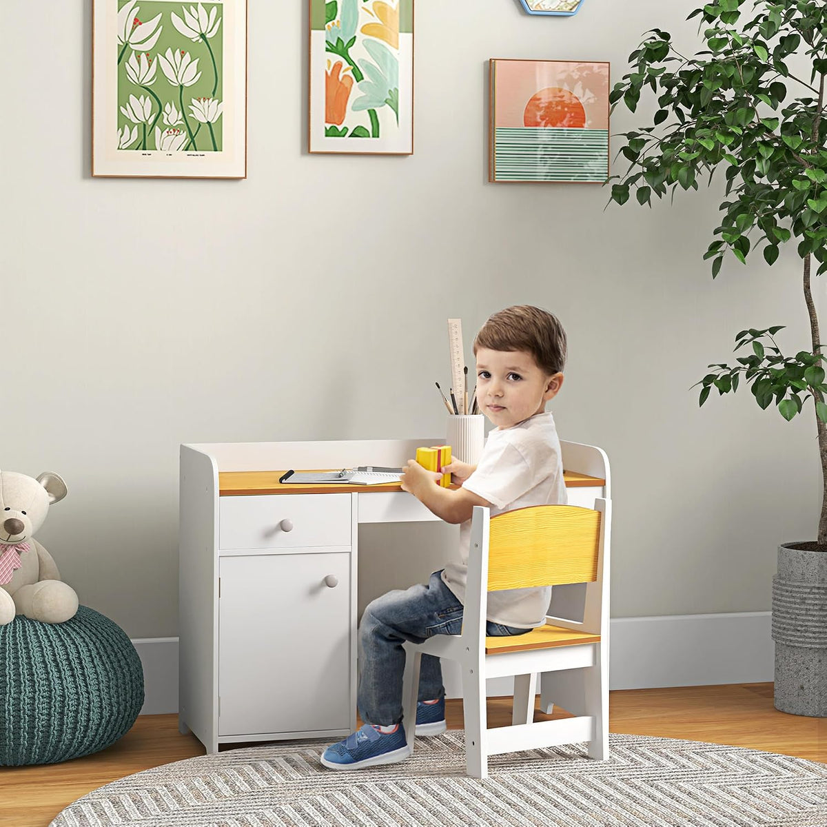 Qaba Kids Desk and Chair Set with Storage Drawer for Children White