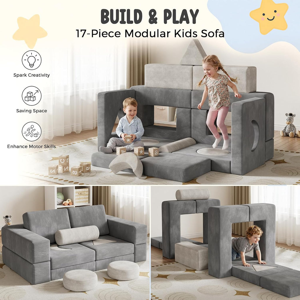 Modular Kids Play Couch, 17-Piece Kids Couch with Shape Pillows & Window Panels, Convertible Play Couch for Kids, Toddler Couch, Kids Sofa with Washable Covers for Playroom, Bedroom, Reading Nook-Grey