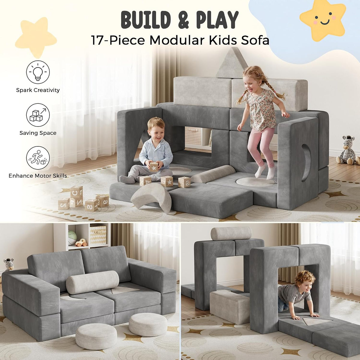 Modular Kids Play Couch, 17-Piece Kids Couch with Shape Pillows & Window Panels, Convertible Play Couch for Kids, Toddler Couch, Kids Sofa with Washable Covers for Playroom, Bedroom, Reading Nook-Grey