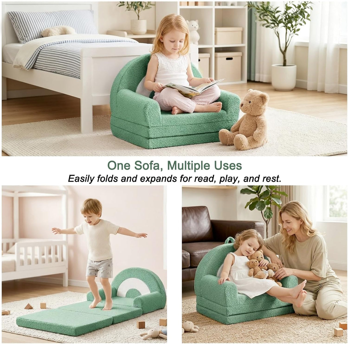 Kids Couch for Toddlers, 2-in-1 Fold Out Toddler Sofa and Lounger, Supportive Foam Chair with Removable Washable Cover for Playroom, Bedroom and Reading, Sage Green