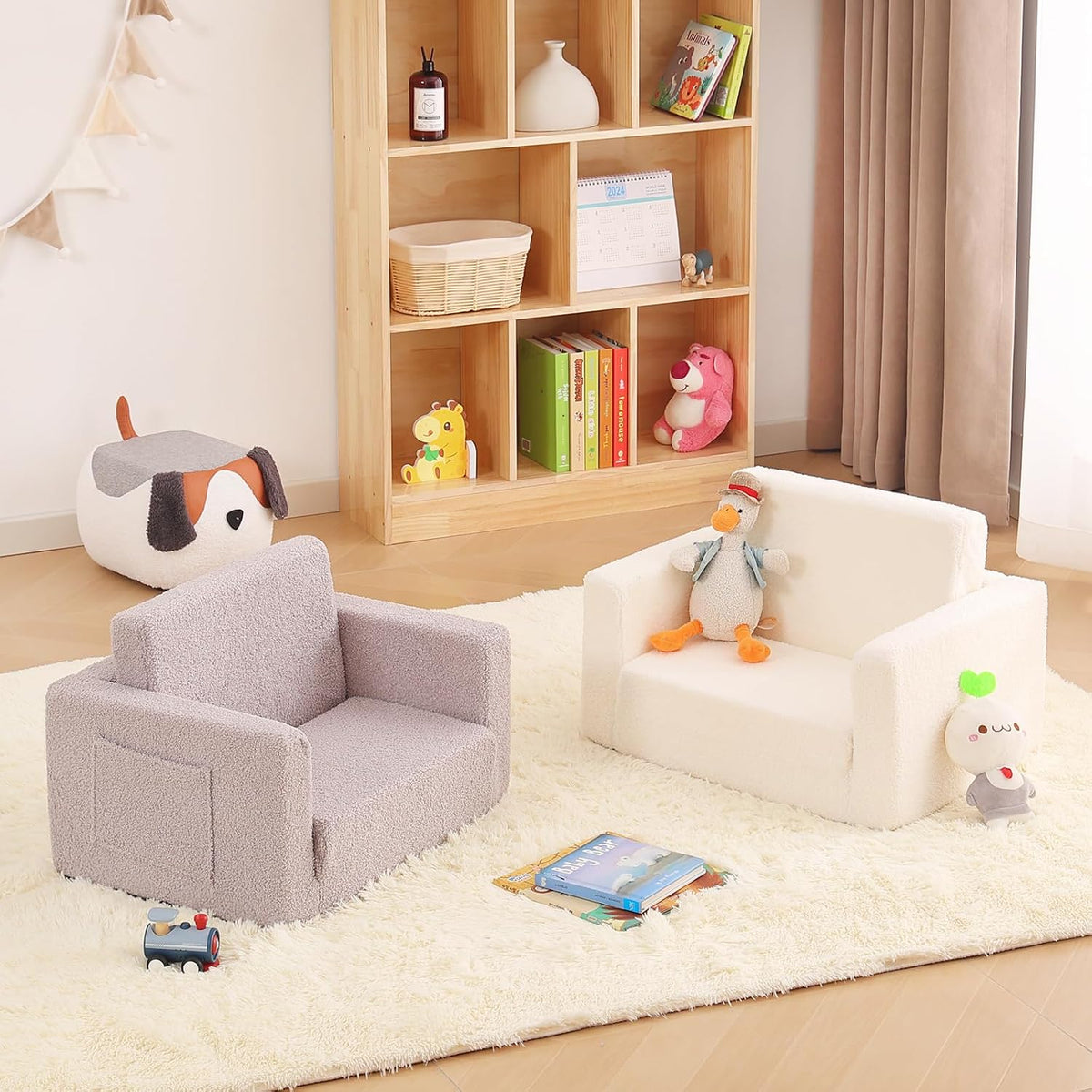 Kids Chair Sherpa Kids Couch, 2-in-1 Soft Kids Armchair for Kids' Room, Convertible Sofa for Girls and Boys, Child Reading Chair for Playroom, Living Room, Pet, Beige