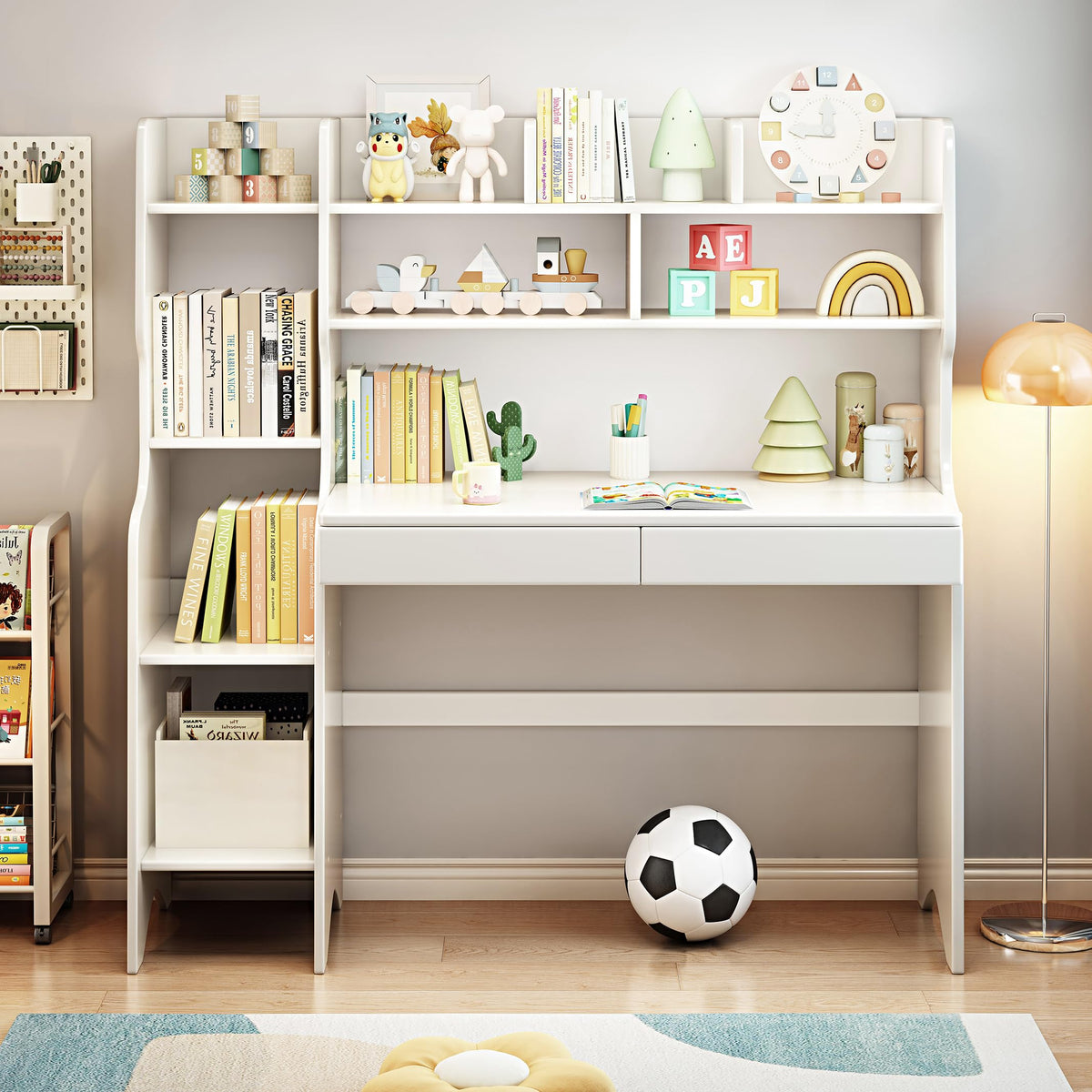 Kids Desk Kids Table with Drawers and Bookshelf Wooden Kids Media Desk Student Learning Computer Workstation and Writing Desk (Brown)