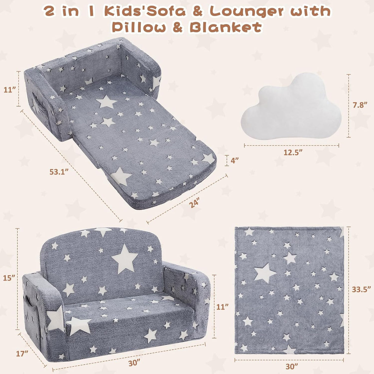 Foryoomi Extra Wide Kids Couch, 2-in-1 Soft Toddler Couch with Blanket, Glow in The Dark, Comfy Toddler Chair, Convertible Sofa, Star