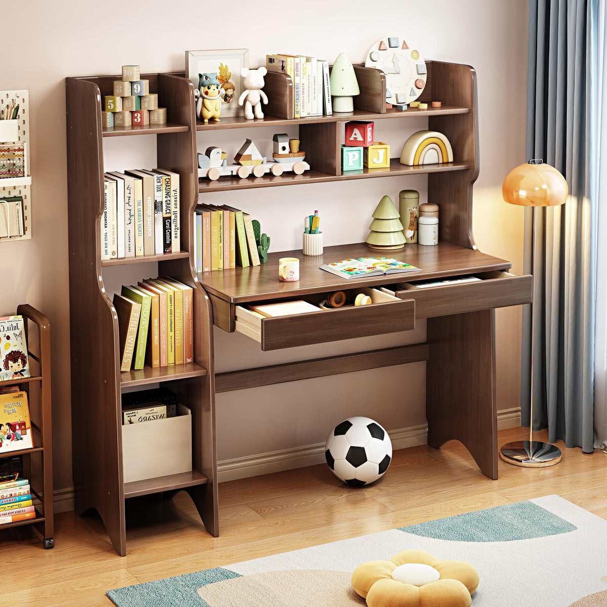 Kids Desk Kids Table with Bookshelf and Two Drawers Rubberwood Kids Media Desk Student Learning Computer Workstation and Writing Desk(White)