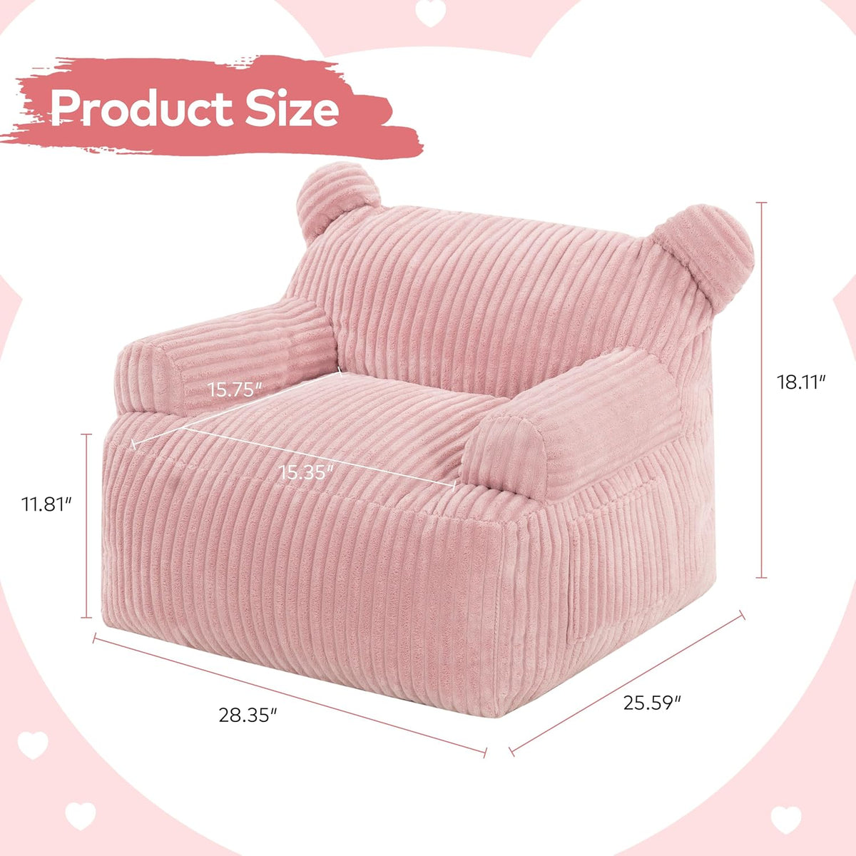 Kids Bear Ear Bean Bag Chair, Stuffed Toddler Sofa Chair with Pocket, Lazy Floor Chair for Boys and Girls, for Gaming, Reading