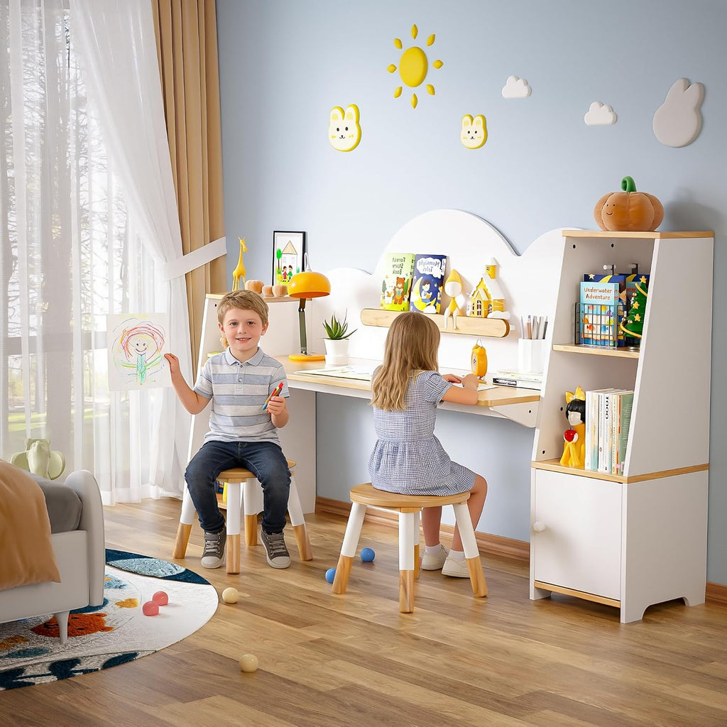 Wooden Kids Study Desk with Storage and 2 Stools, Kids Study Desk and Chair Set, Children Study Table with Bookshelves, Boys & Girls Study Desk for Ages 3-8, Bedroom, Toddler