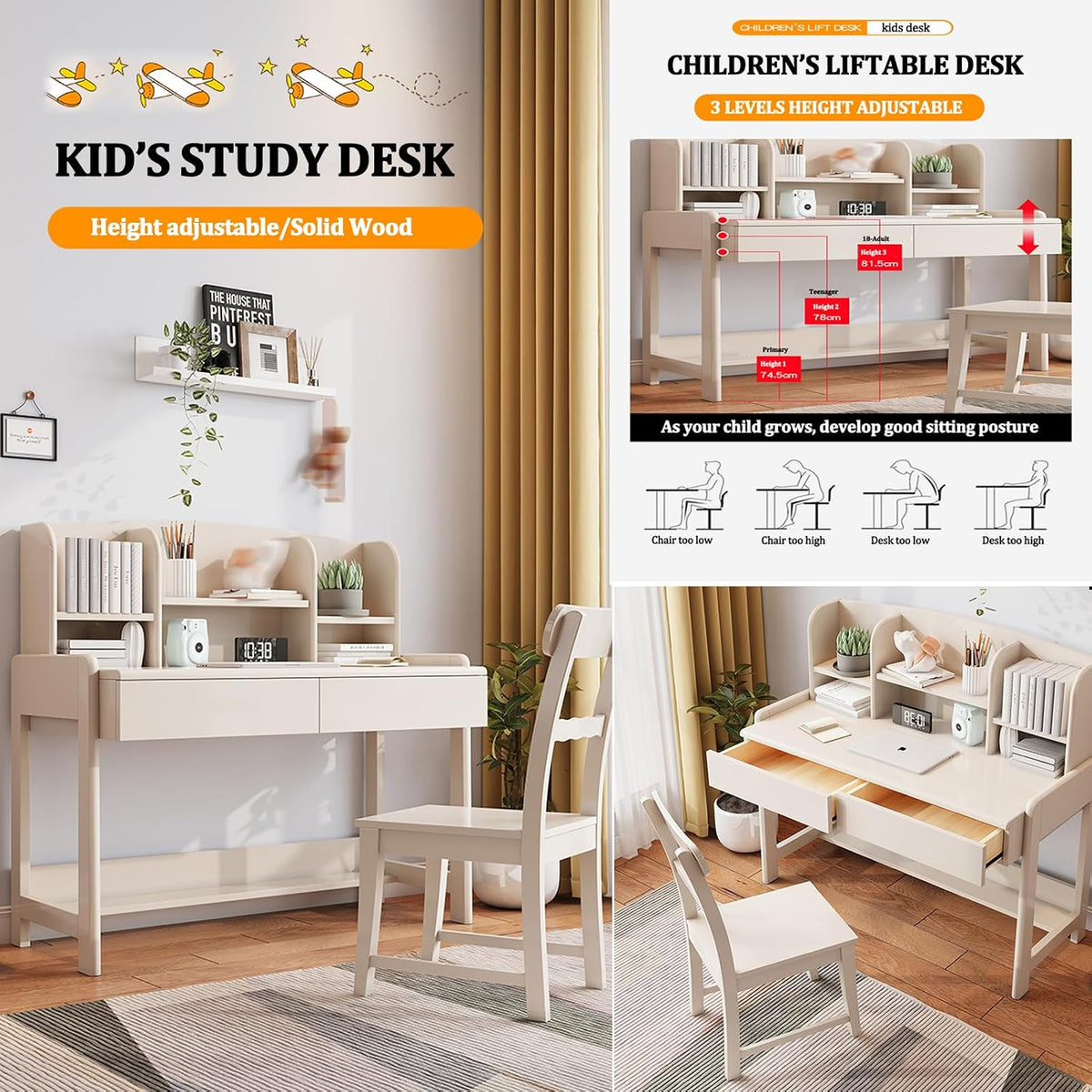 Solid Wood Kids Study Desk Height Adjustable, Home Office Small Children Study Desk with Drawers Small Space, Study Table with Open Hutch, Omputer Workstation & Writing Table 80cm