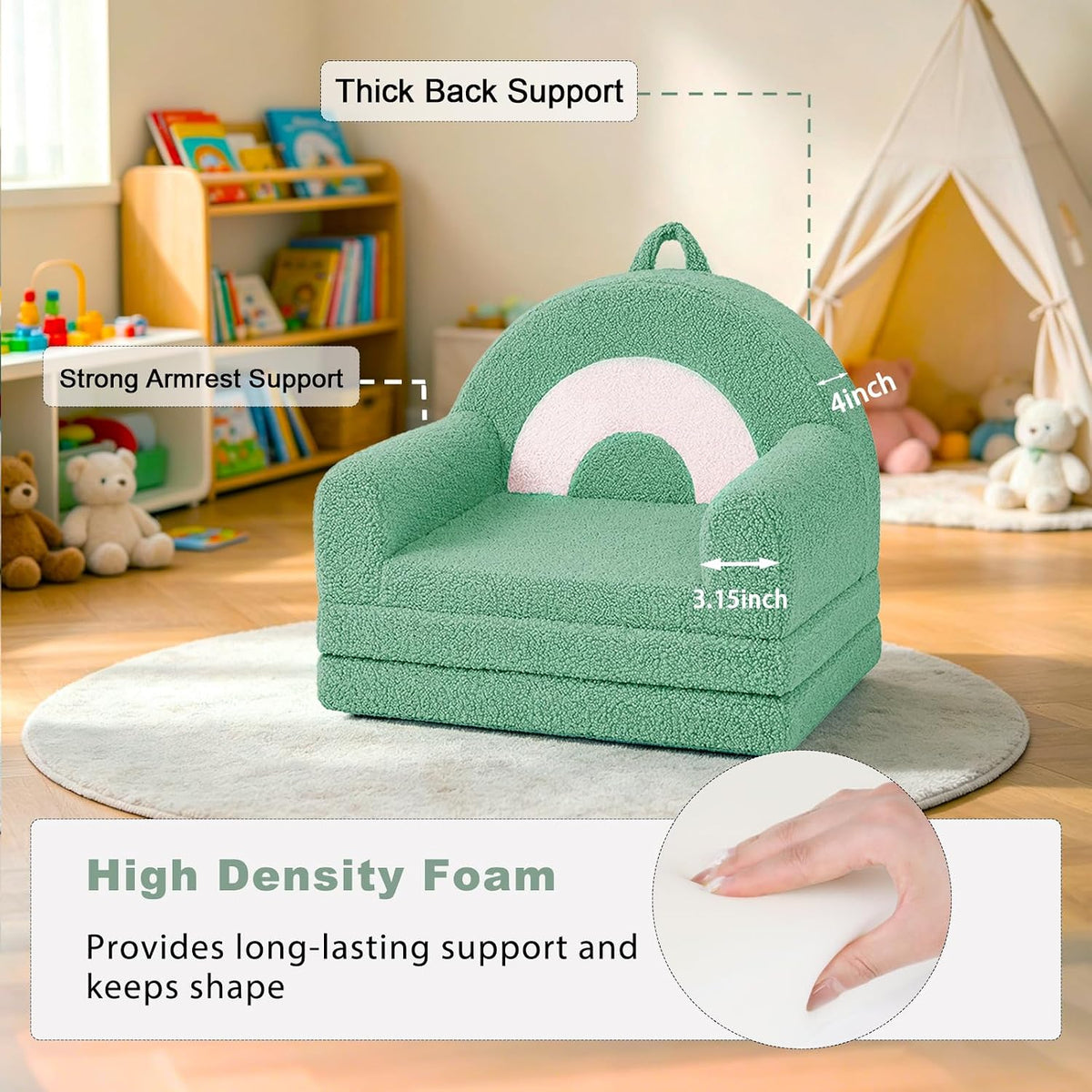 Kids Couch for Toddlers, 2-in-1 Fold Out Toddler Sofa and Lounger, Supportive Foam Chair with Removable Washable Cover for Playroom, Bedroom and Reading, Sage Green