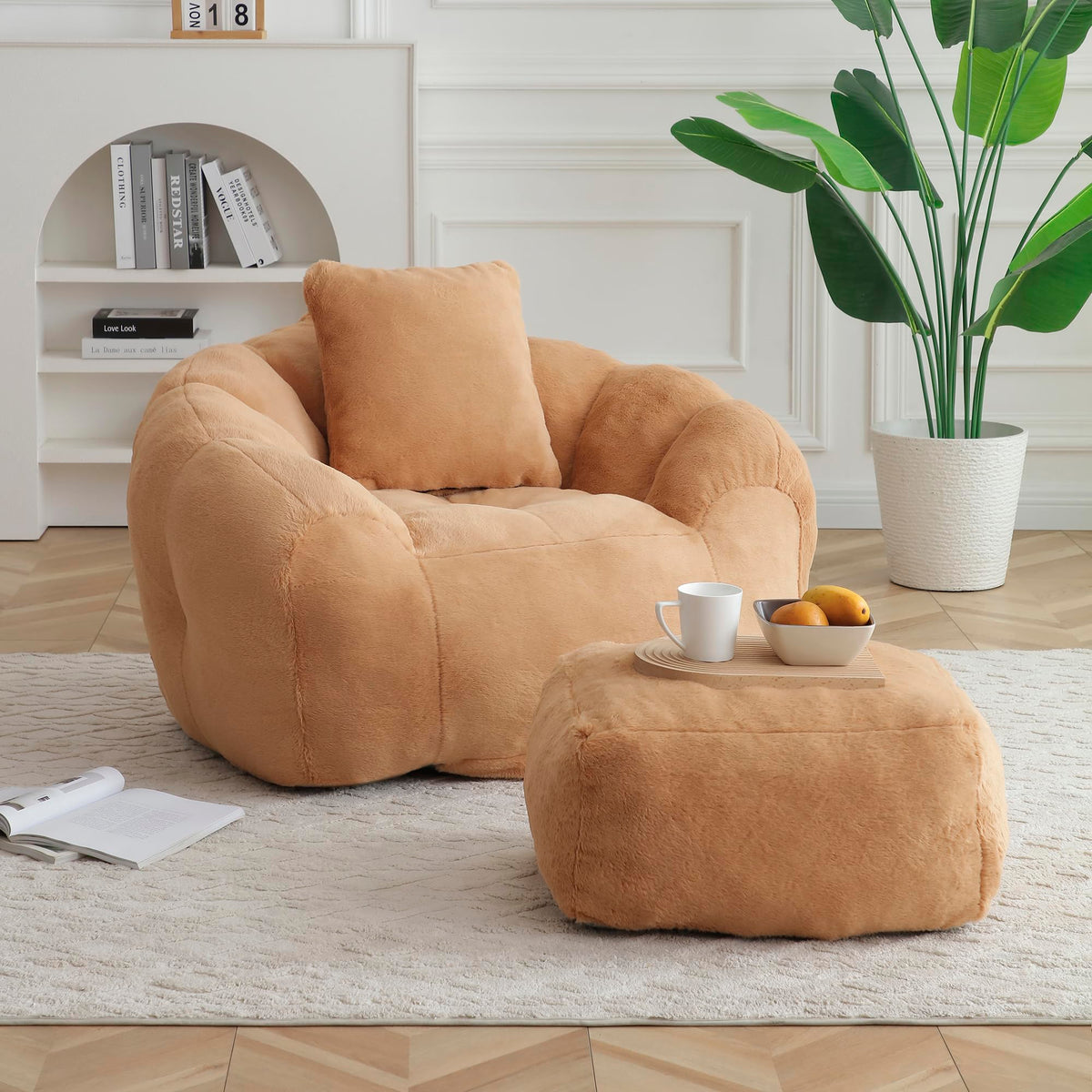 Giant Bean Bag Chair for Adults, Memory Foam Filler Big Stuffed Accent Sofa with Footstool, Faux Fur Shell-Shaped Lounge Chair for Bedroom, Gaming, Reading - Indoor Beanbag Couch for Kids (Light Blue)