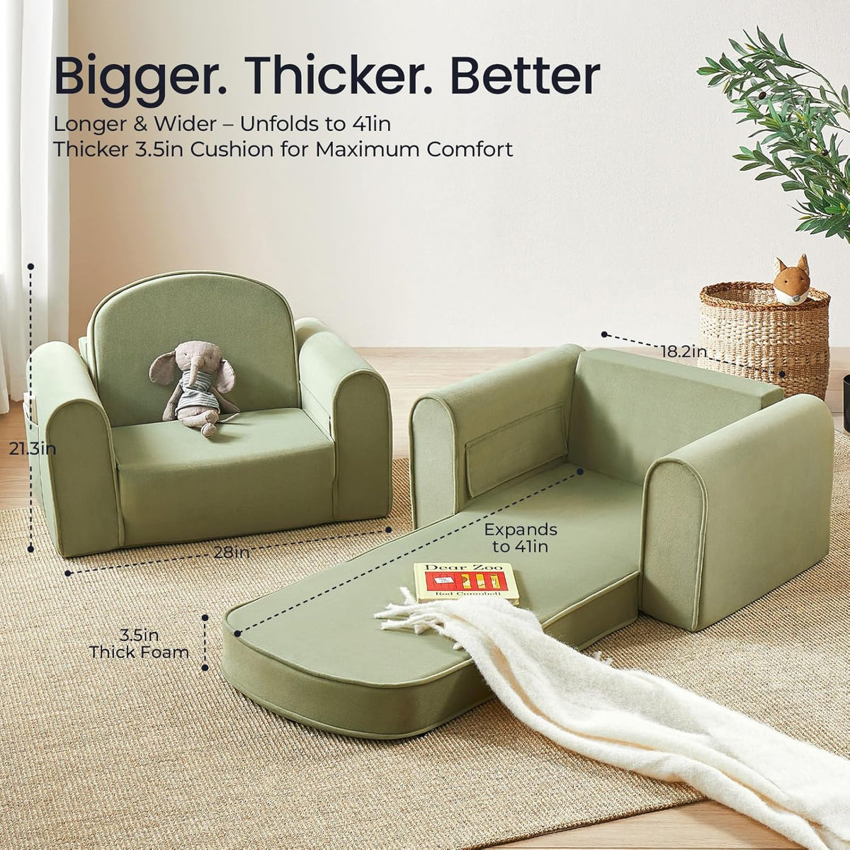 Tiny Land 2-in-1 Foldable Kids Couch with Pocket Soft Thick Toddler Sofa