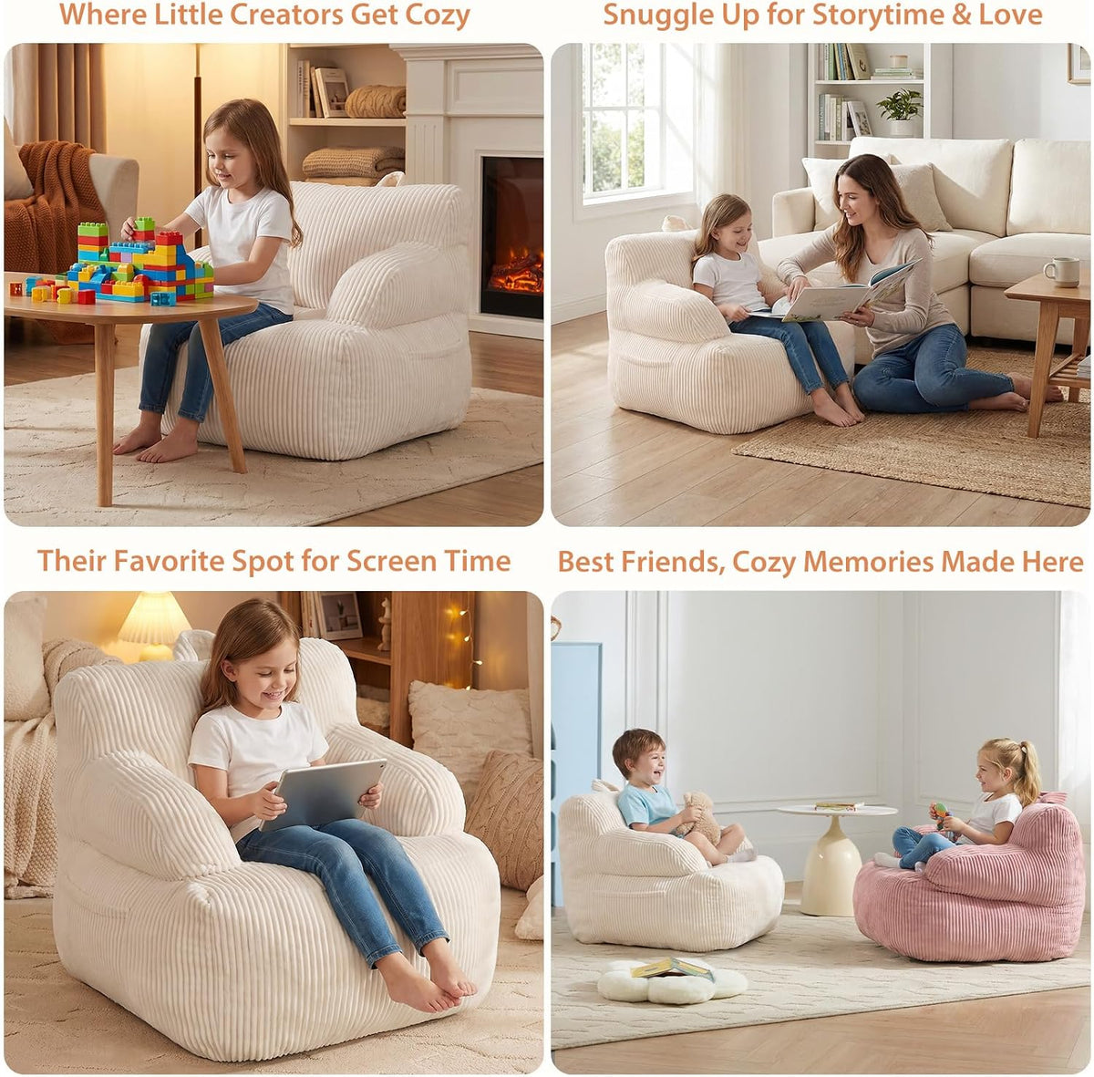 Bean Bag Chairs for Kids, Comfy Bean Bag Sofa for Boys & Girls, Beige