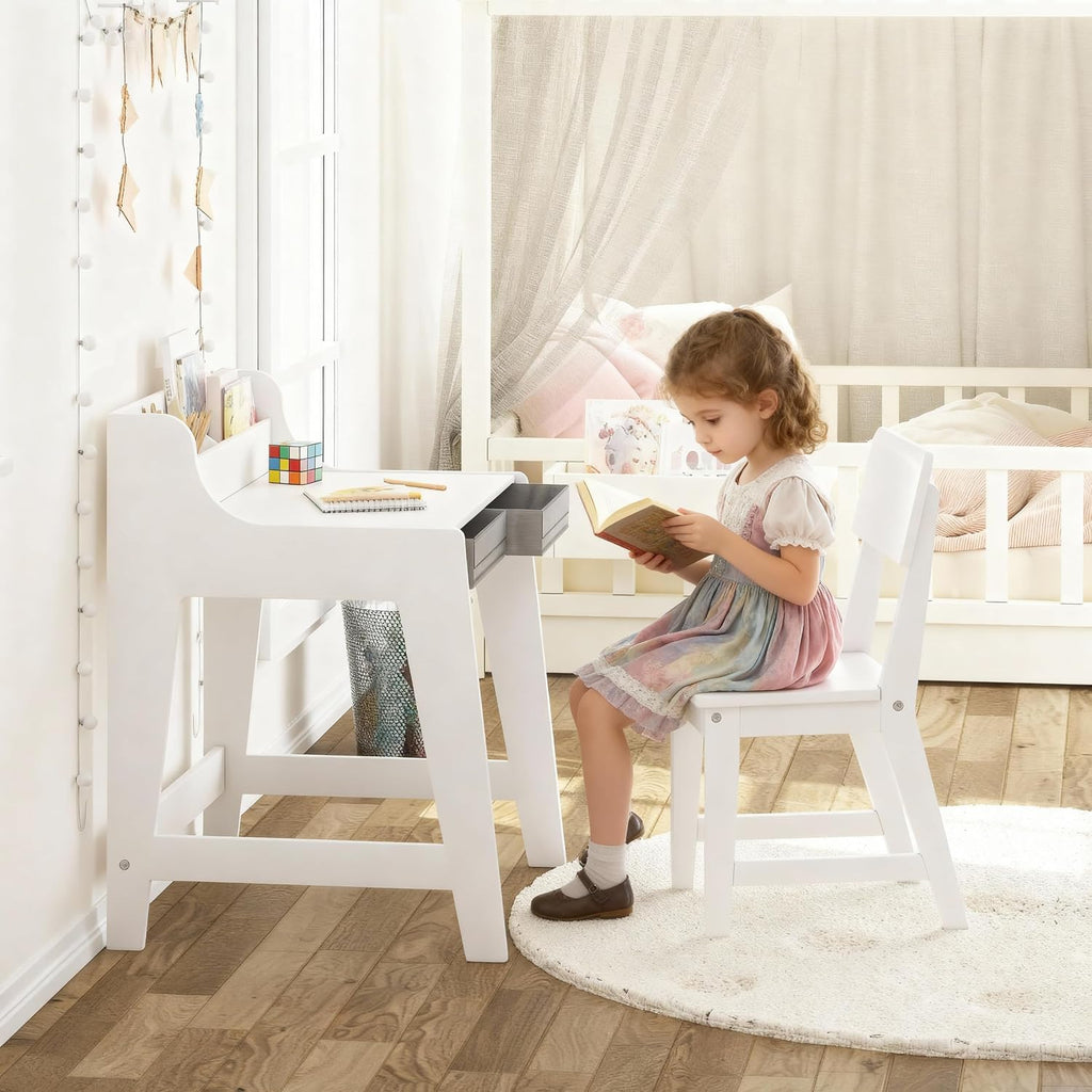 UTEX Wooden Kids Desk and Chair Set with 2 Fabrics Drawers for Study Room