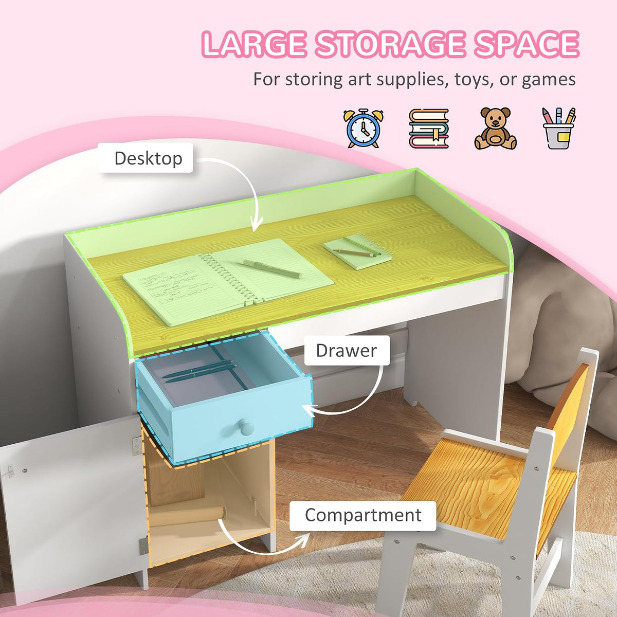 Qaba Kids Desk and Chair Set with Storage Drawer for Children White