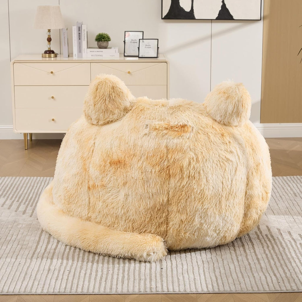 41.7 Inch Faux Fur Bean Bag Chair, Cat Shaped with Tail Pillow, Floor Sofa