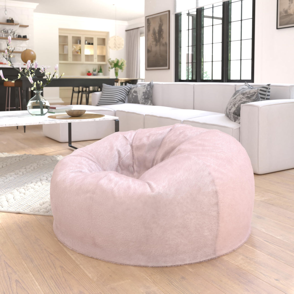 BizChair Sherpa Bean Bag Chair, Classic Refillable Bean Bag Chair for Kids and Teens, Large, Natural