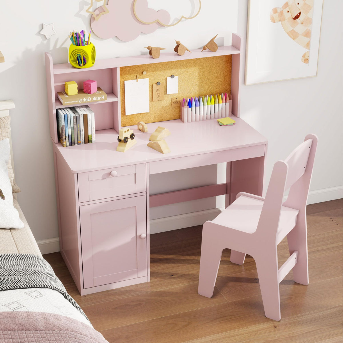Kids Desk and Chair Set with 0-105° Tiltable Desktop for Ages 5-12, White