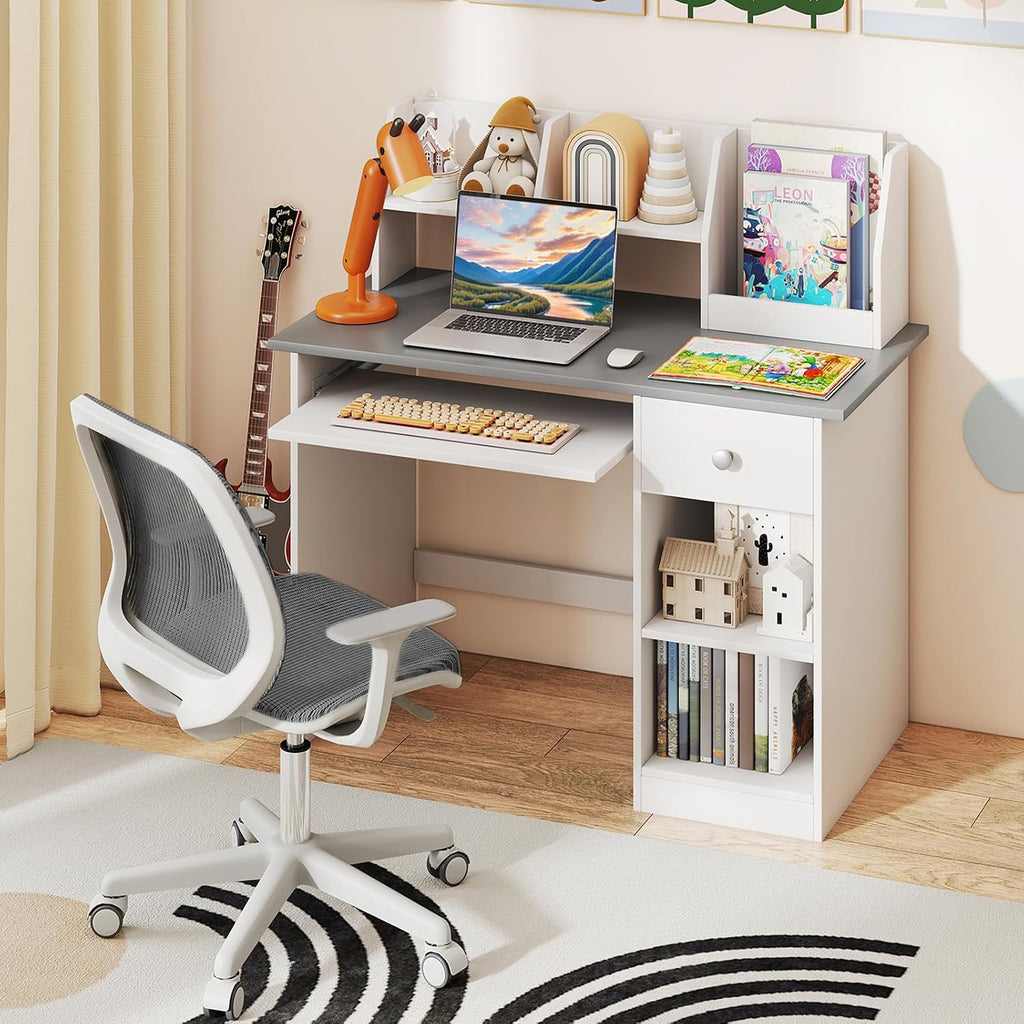 Costzon Kids Desk, Wooden Children Study Desk w/Hutch, Storage Shelves, Bookshelf & Keyboard Tray for Home School Writing or Reading, Computer Workstation Student Table for Boy Girl 3-6 (Gray)