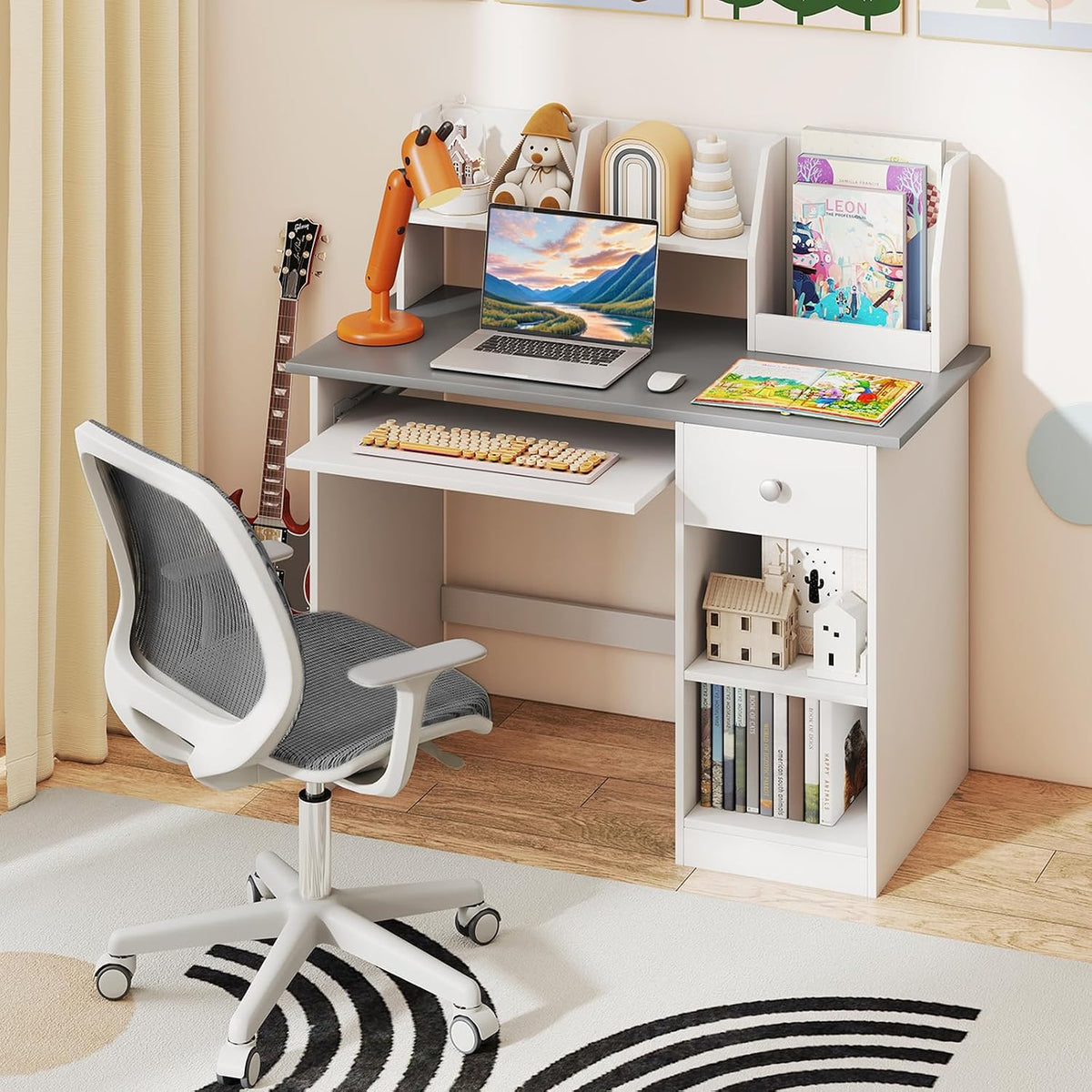 Costzon Kids Desk, Wooden Children Study Desk w/Hutch, Storage Shelves, Bookshelf & Keyboard Tray for Home School Writing or Reading, Computer Workstation Student Table for Boy Girl 3-6 (Gray)