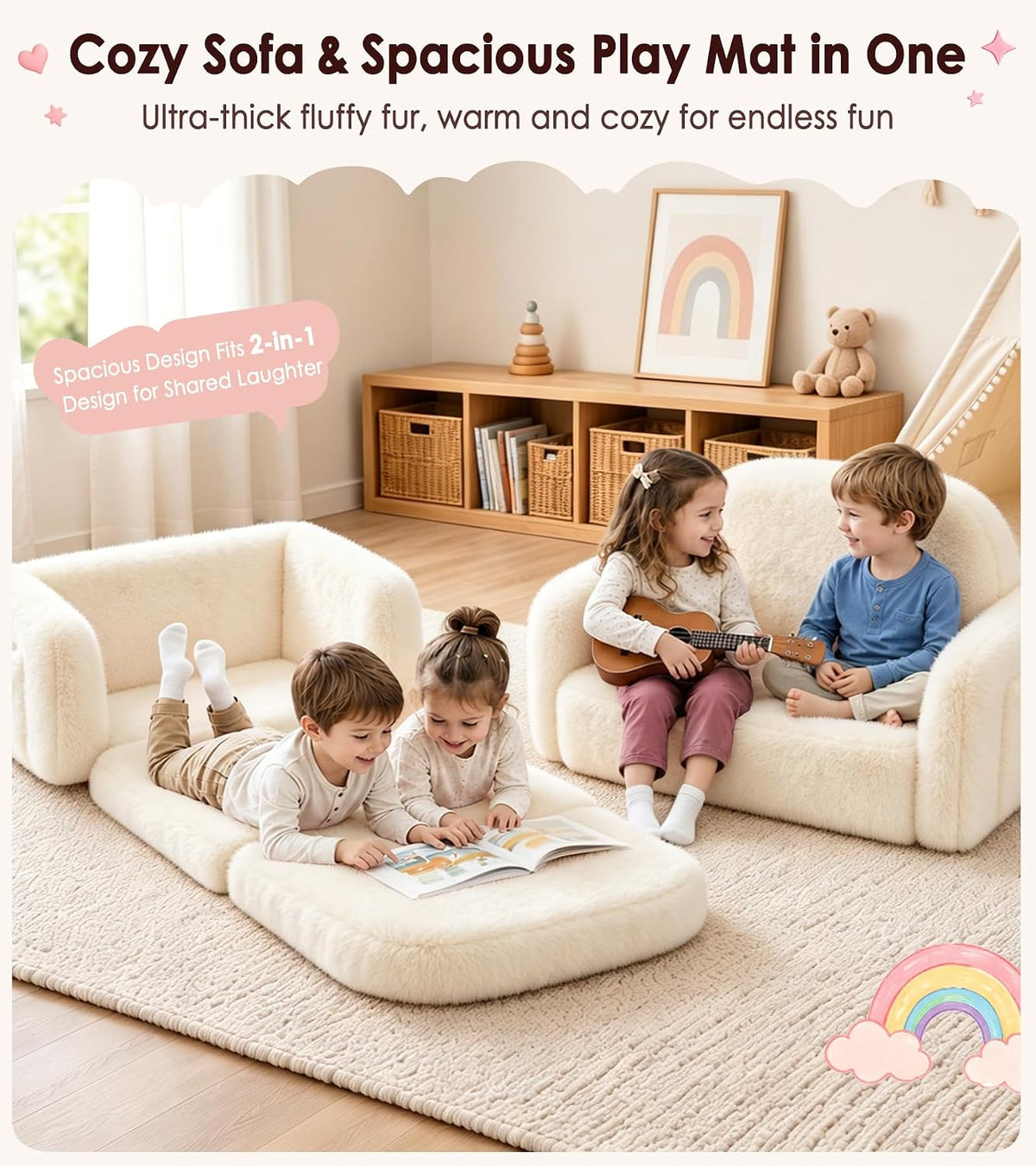 Foryoomi 2-in-1 Kids Plush Kids Couch, Extra Wide Toddler Couch with Bonus Blanket – Ultra-Thick Faux Fur Convertible Sofa Chair, Fold-Out Play Mat, Side Pocket & Carry Handle, Beige