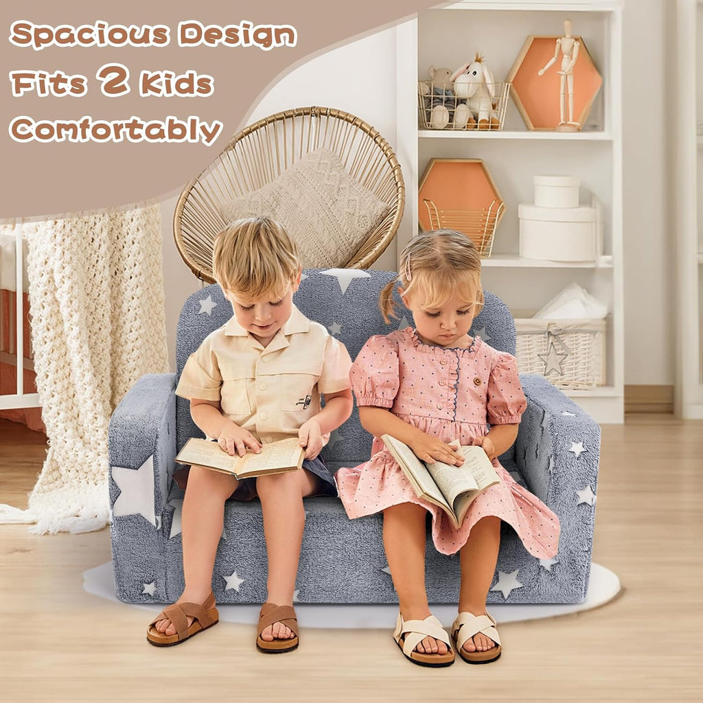 Foryoomi Extra Wide Kids Couch, 2-in-1 Soft Toddler Couch with Blanket, Glow in The Dark, Comfy Toddler Chair, Convertible Sofa, Star