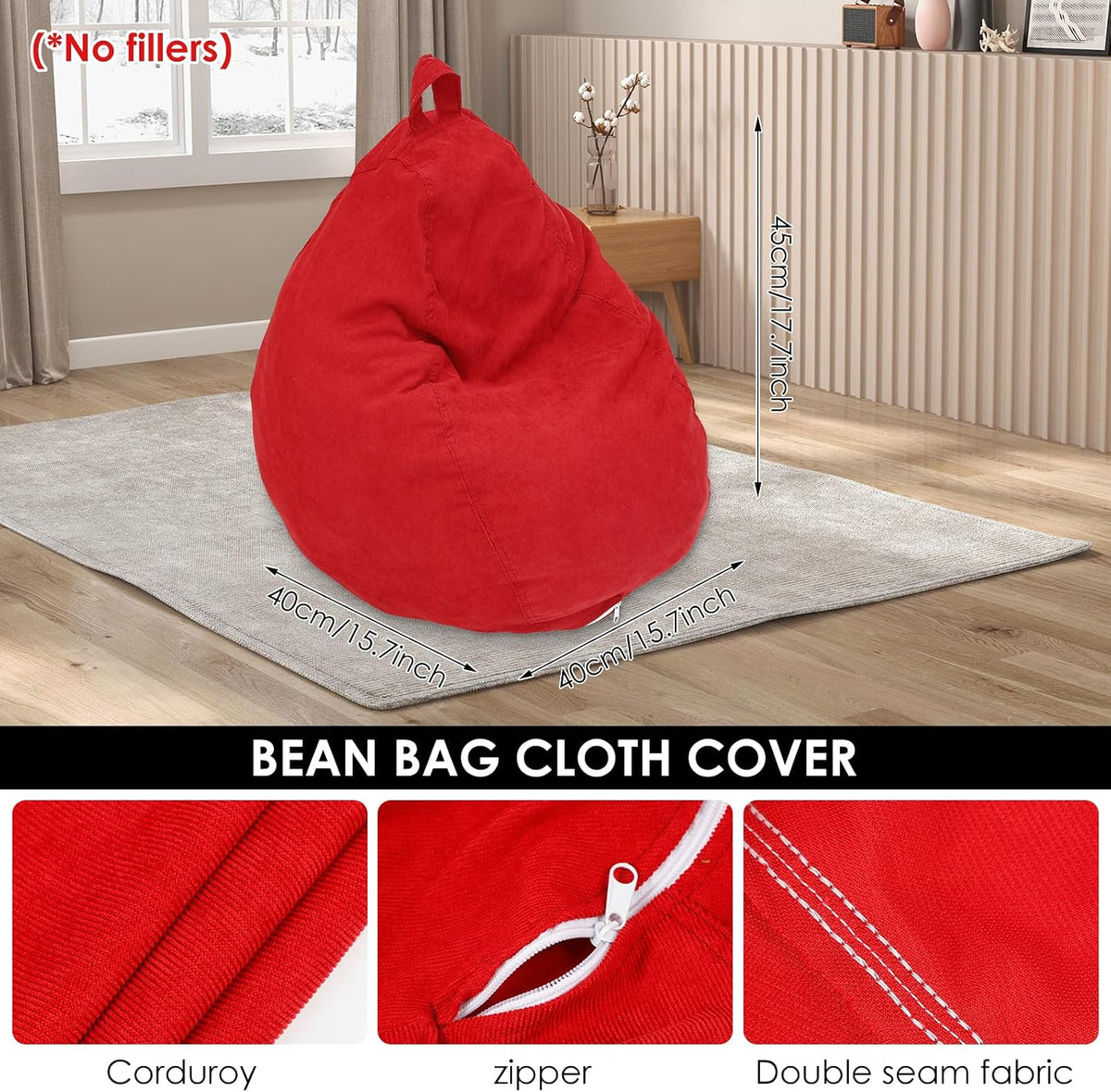 Bean Bag Chair Cover No Filler, 16 x 18 inches Comfortable Beanbag Chairs Cover with Handle,Soft Corduroy Bean Bag Cover, Plush Toys Organizer Holder,Stuffed Animal Bean Bag for Kids Adults Plush Toys