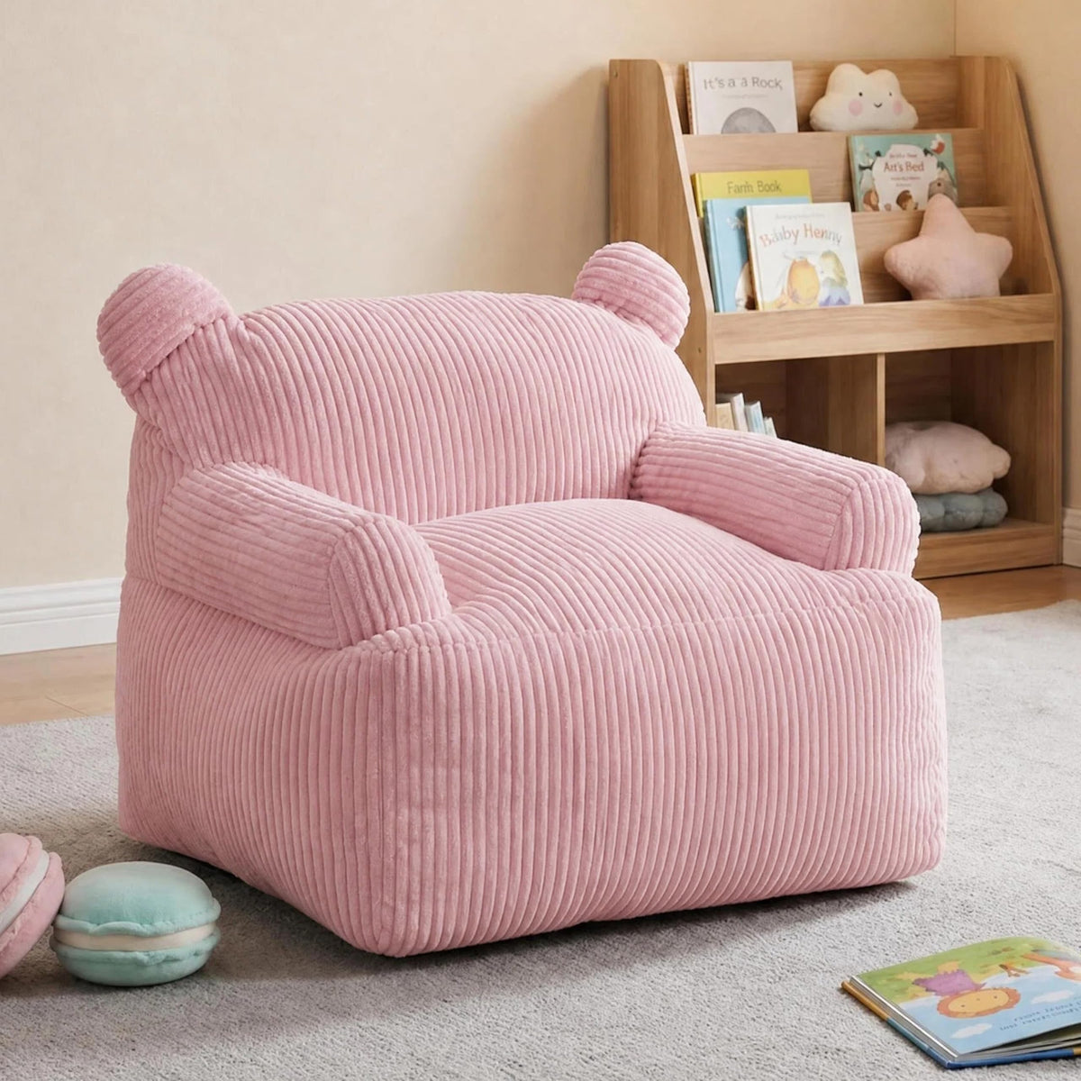Kids Bear Ear Bean Bag Chair, Stuffed Toddler Sofa Chair with Pocket, Lazy Floor Chair for Boys and Girls, for Gaming, Reading