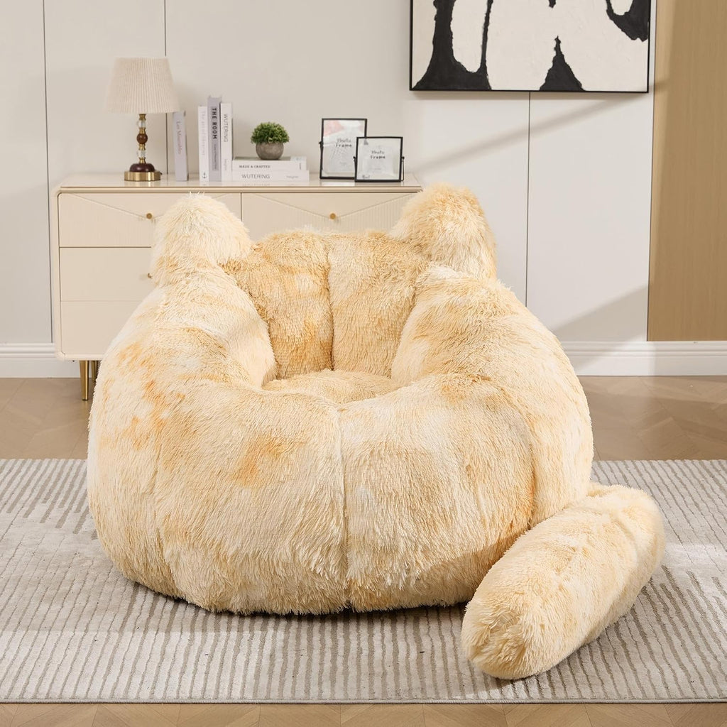 41.7 Inch Faux Fur Bean Bag Chair, Cat Shaped with Tail Pillow, Floor Sofa