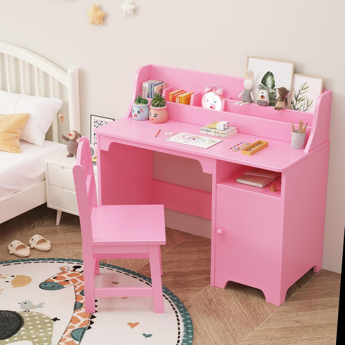 Pink Wooden Kids Desk Chair Set Hutch Storage Cabinet Study Workstation
