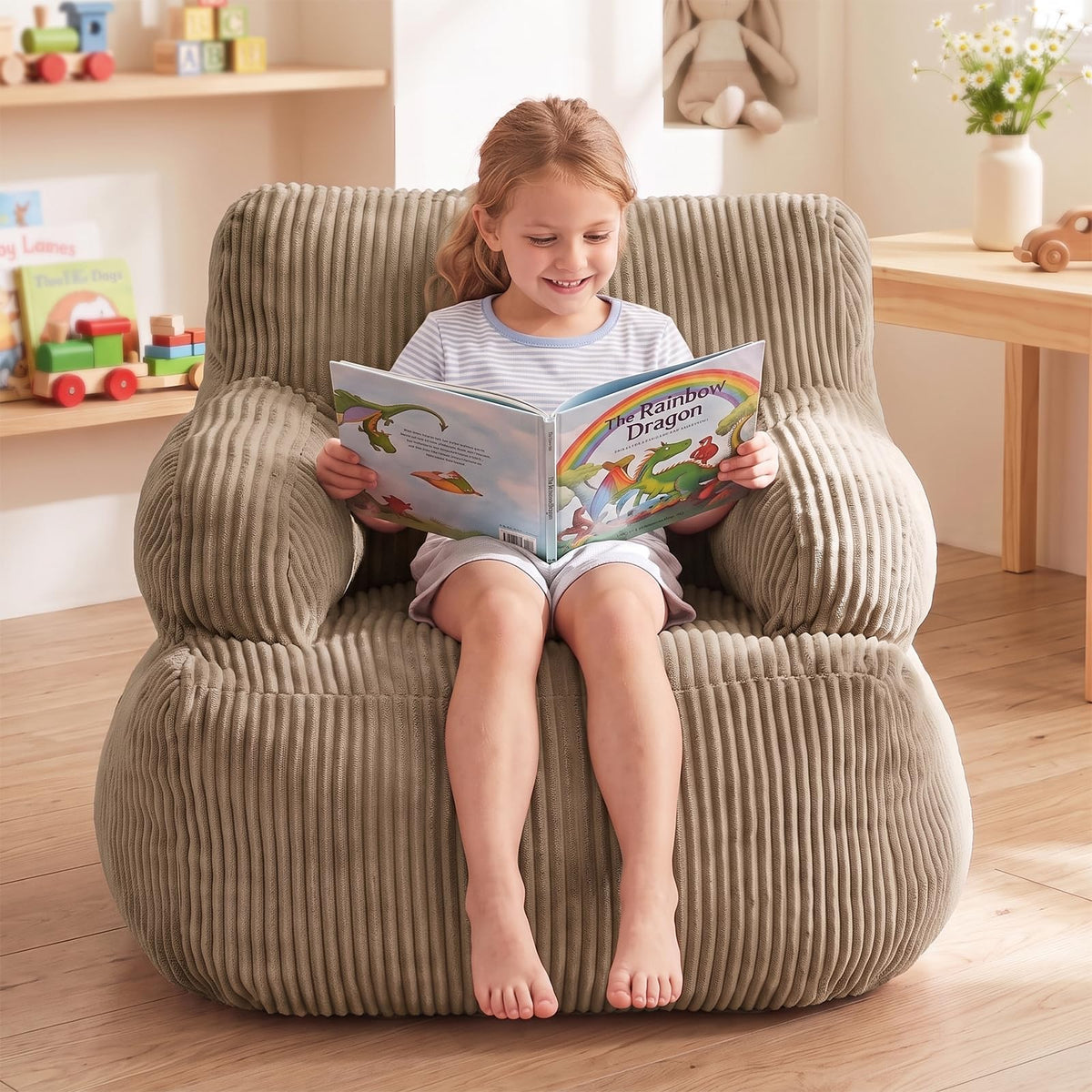 Bean Bag Chairs for Kids, Comfy Bean Bag Sofa for Boys & Girls, Beige
