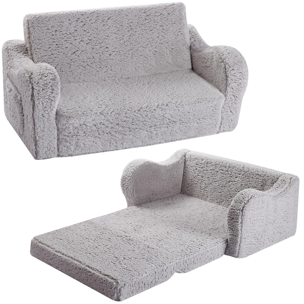 MOMCAYWEX Kids Sofa Chair, 2-in-1 Foldable Couch, Sherpa, Grey
