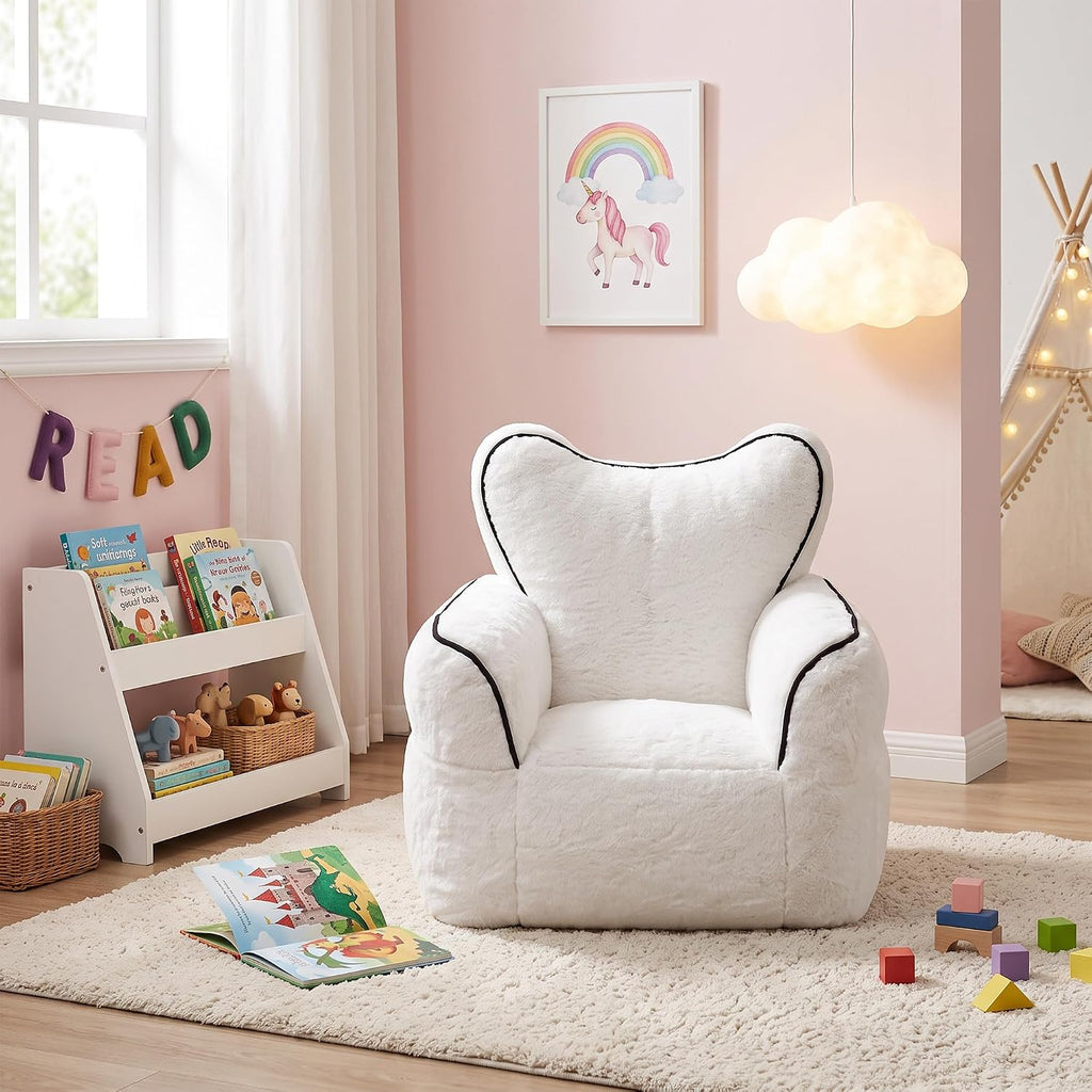 Heart-Shaped Kids Faux Fur Bean Bag Chair, Cozy Plush Lounger with High-Density Foam, Soft Reading Chair for Children's Bedroom Playroom, White