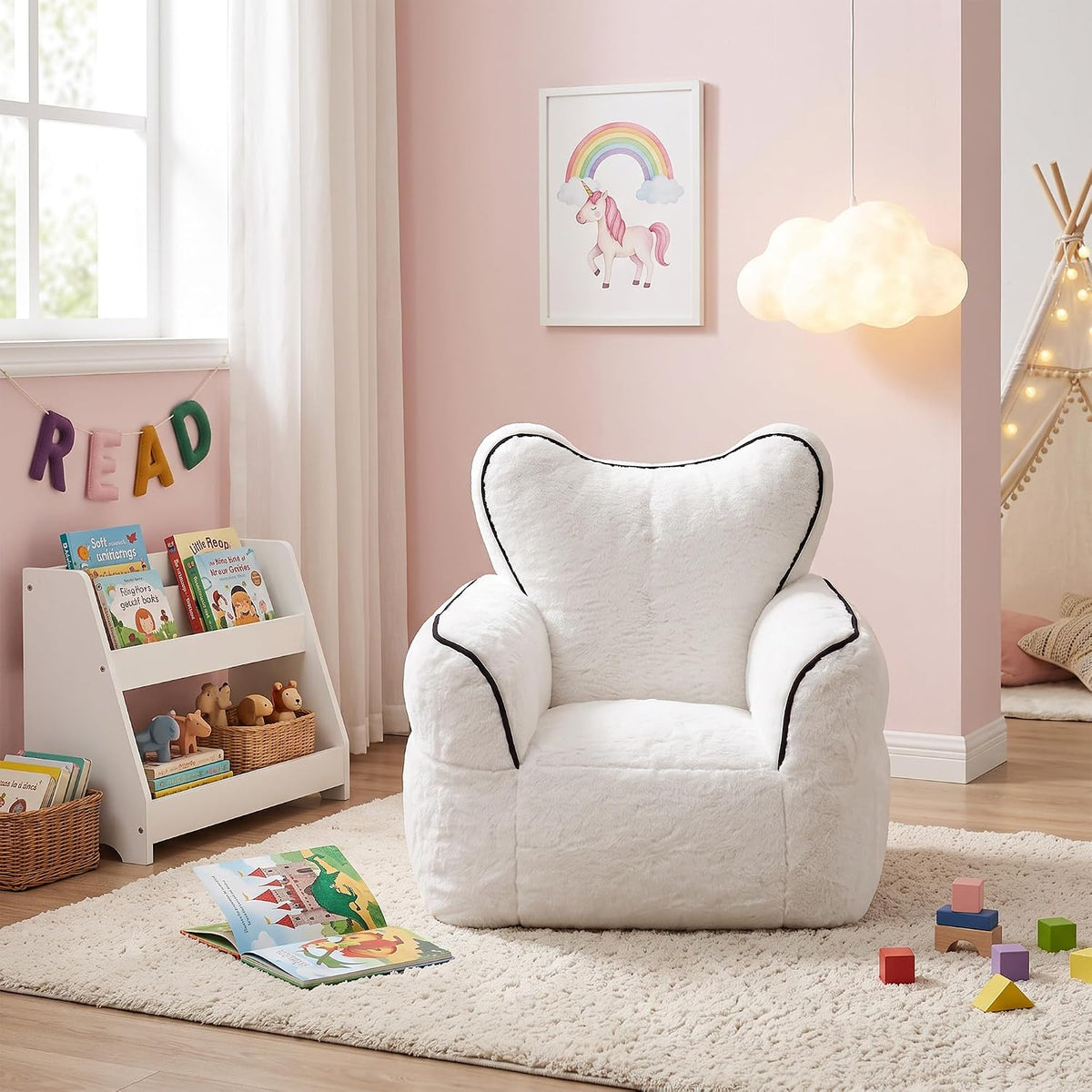 Heart-Shaped Kids Faux Fur Bean Bag Chair, Cozy Plush Lounger with High-Density Foam, Soft Reading Chair for Children's Bedroom Playroom, White